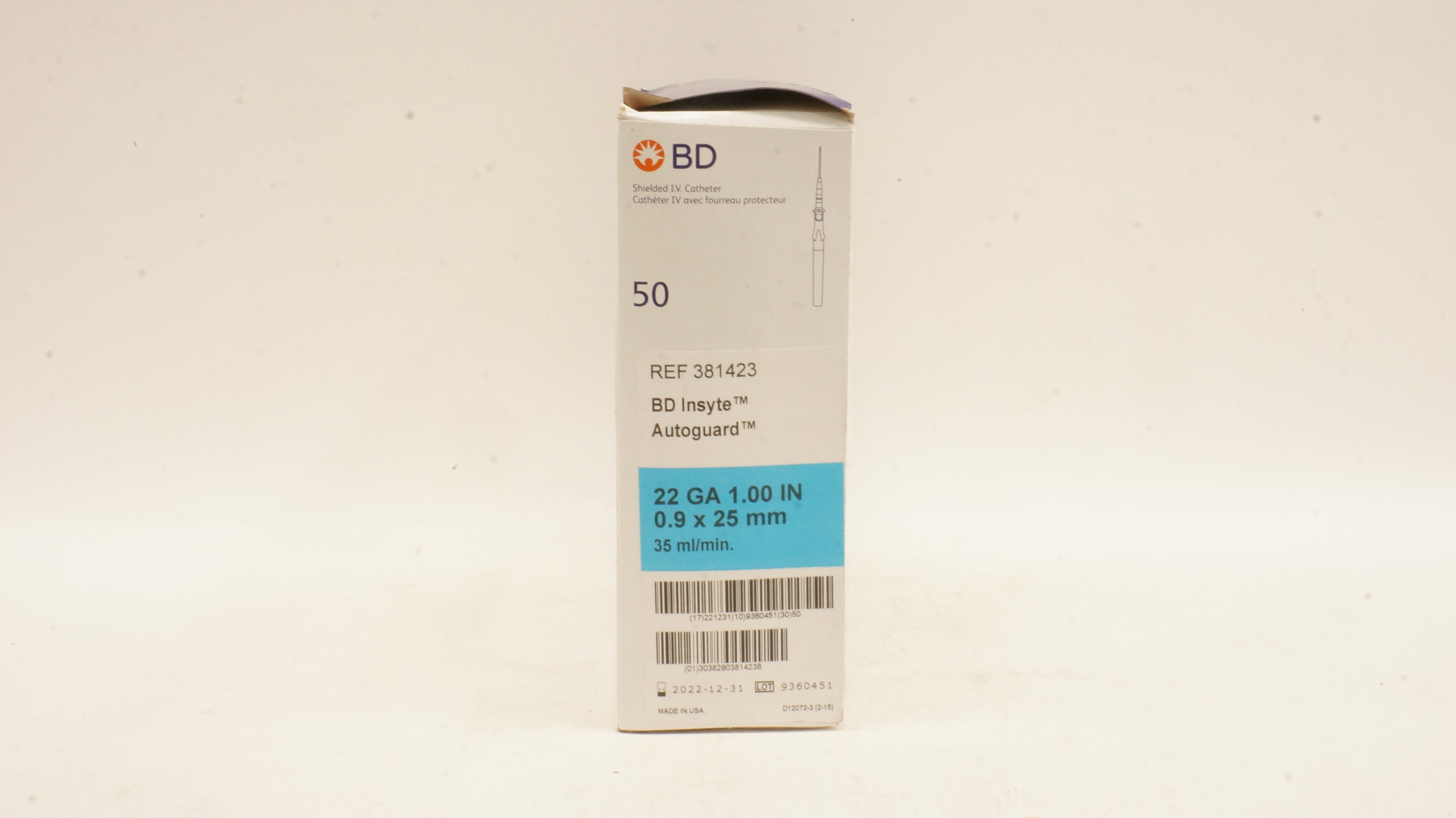 BD 381423 BD Insyte Autoguard Shielded I.V. Cath. 22Ga x 1.00 inch - Box of 40