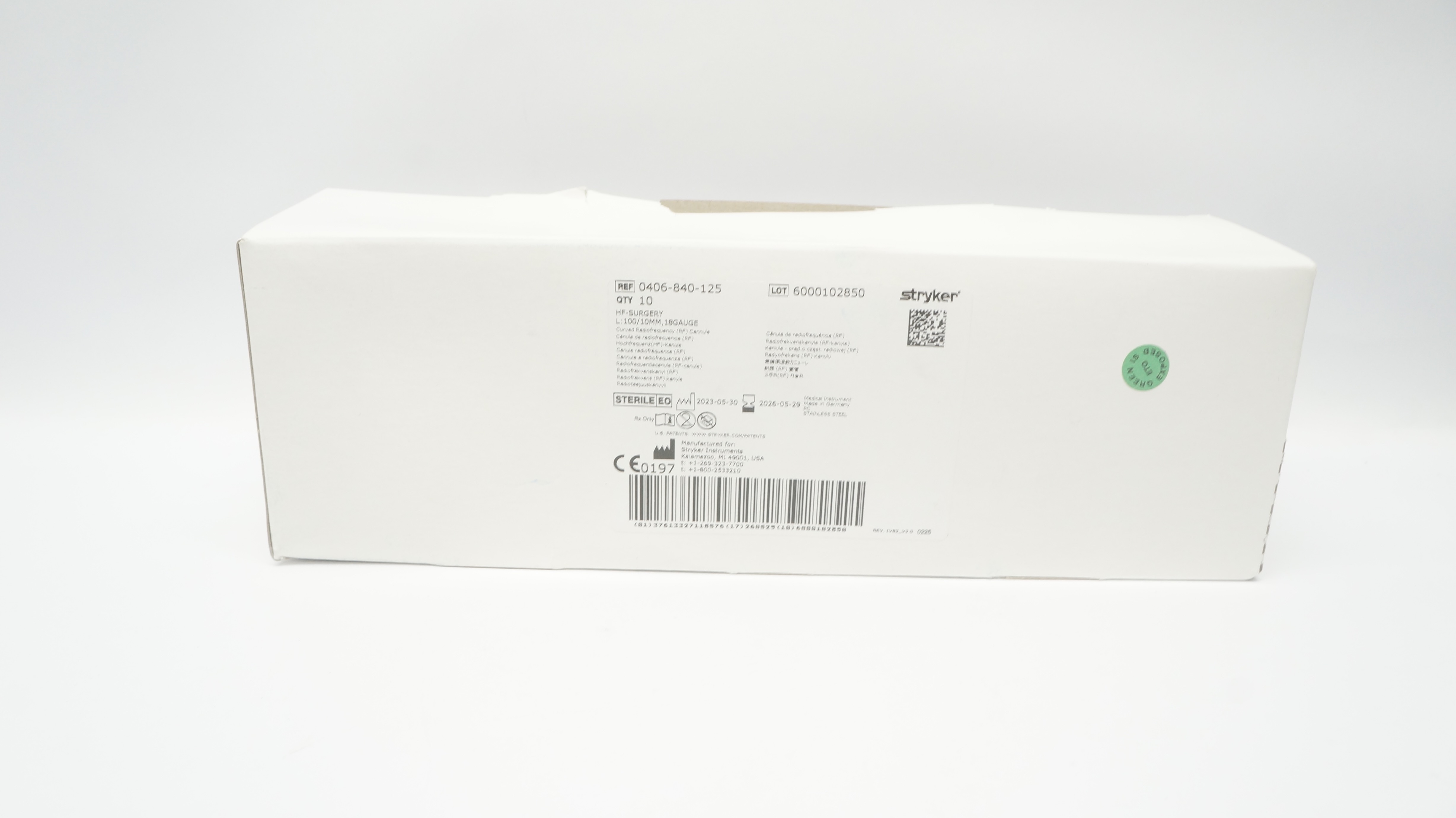 Stryker 0406-840-125 Radiofrequency Ndle., 100mm Curved, 10mm, 18G - Box of 10