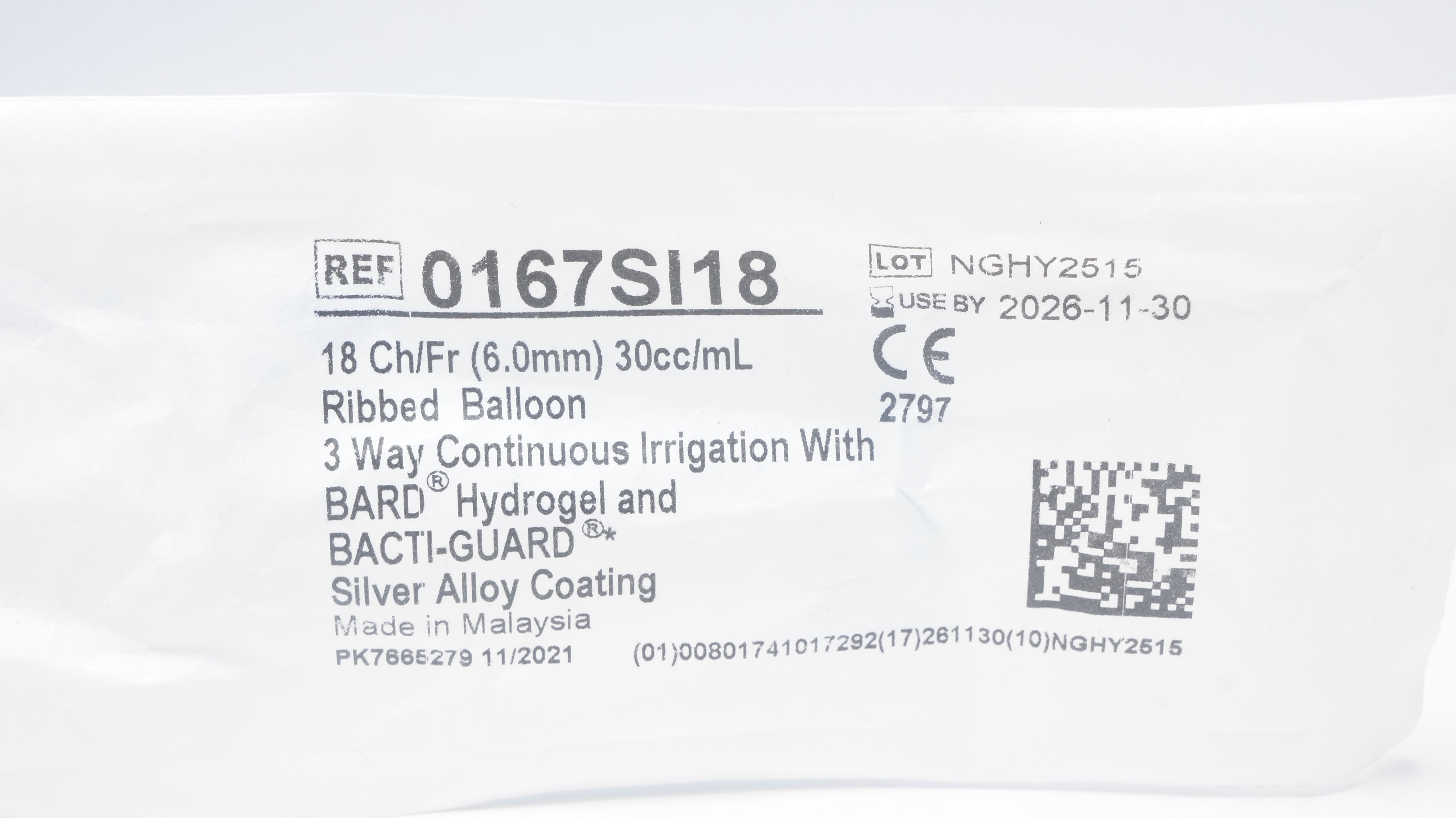 Bard 0167SI18 Bardex I.C. Anti-Infective Foley Cath. 18 Ch/Fr 30 cc/mL Balloon