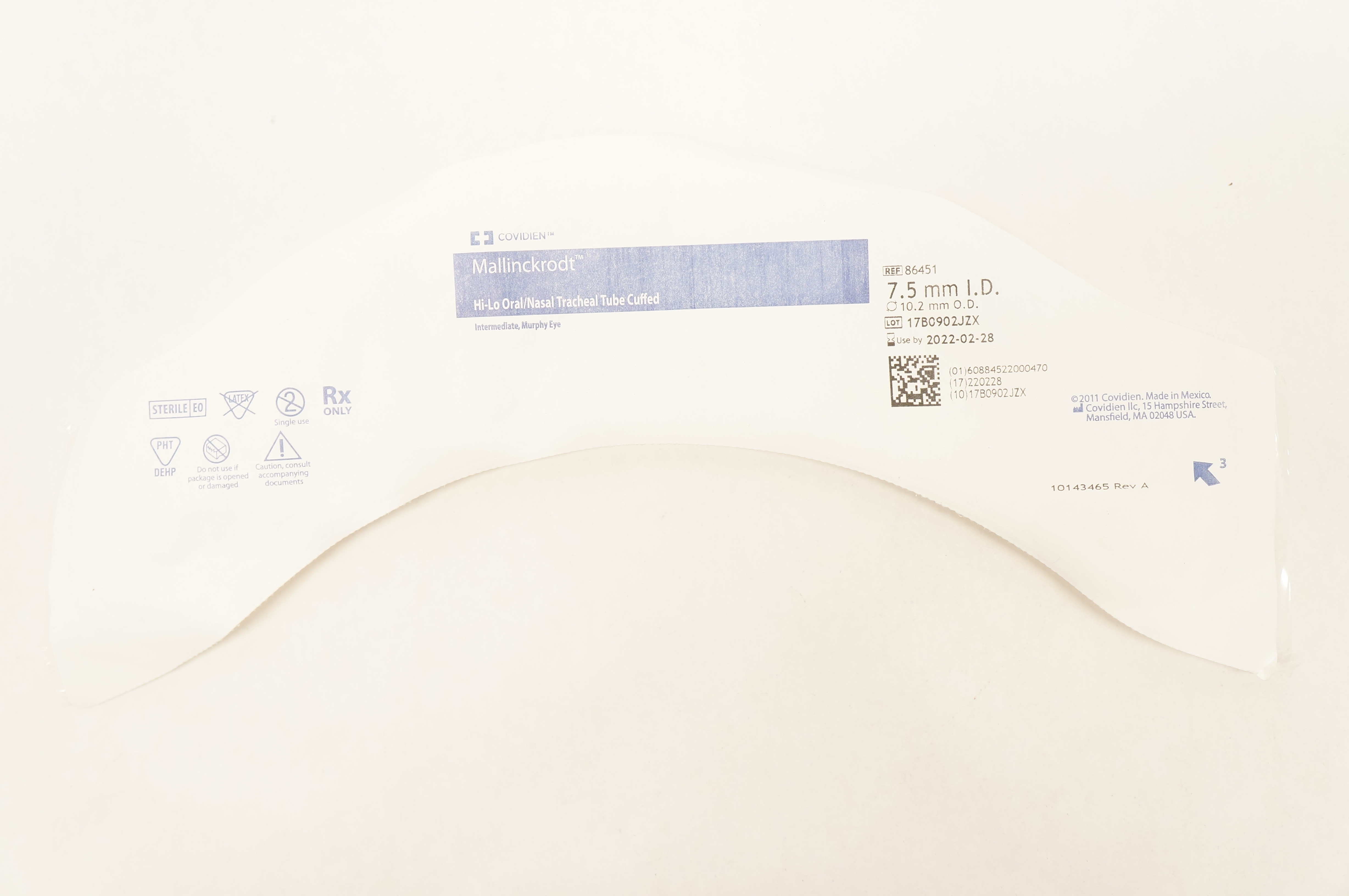 Covidien 86451 Mallinckrodt Hi-Lo Oral/Nasal Tracheal Tube Cuffed 7.5x10.2mm (x)