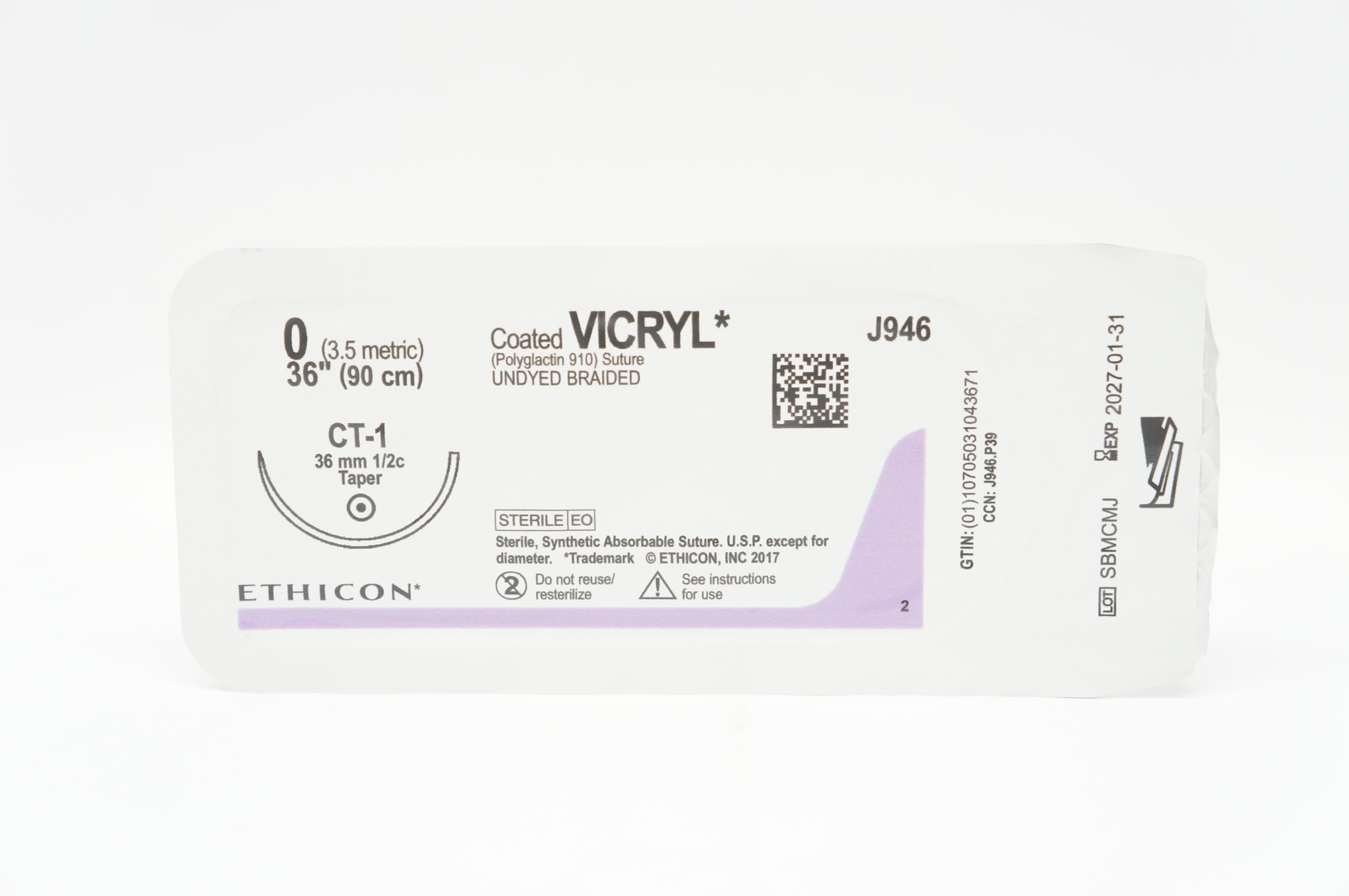 Ethicon J946 0 Coated VICRYL Stre Undyed Braided CT-1 36mm 1/2c Taper, 36inch