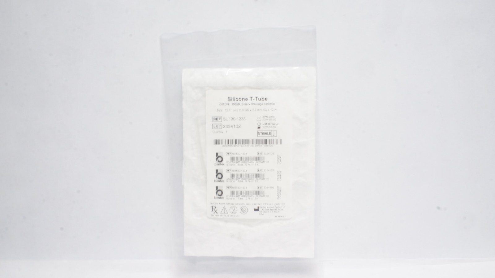 Bentec Medical SU130-1238 Silicone T-Tube 12 Fr 4.0 mm OD x 2.7 mm ID