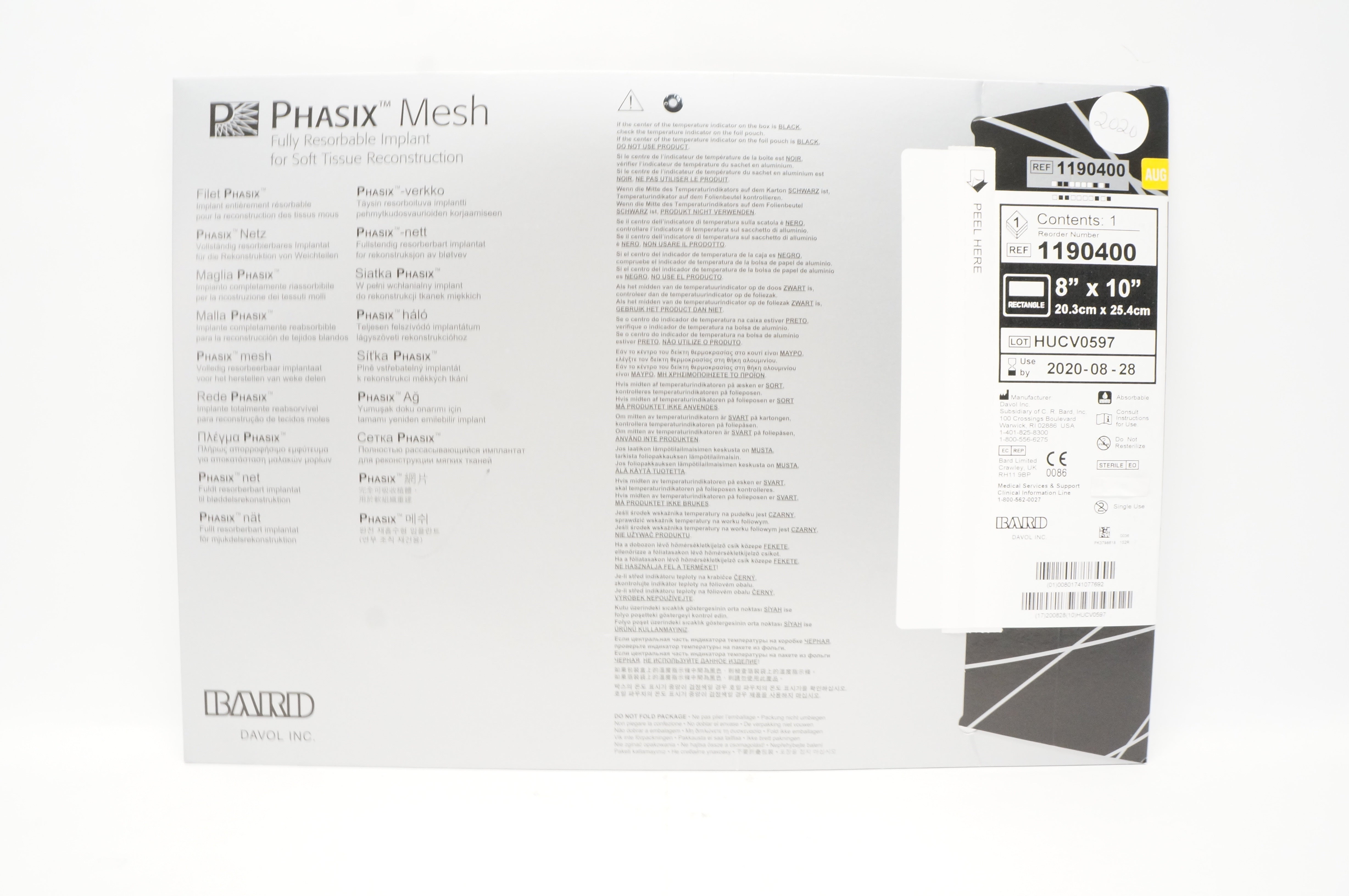 Bard 1190400 Phasix Mesh Fully Resorbable Implant 8inch x 10inch (x)