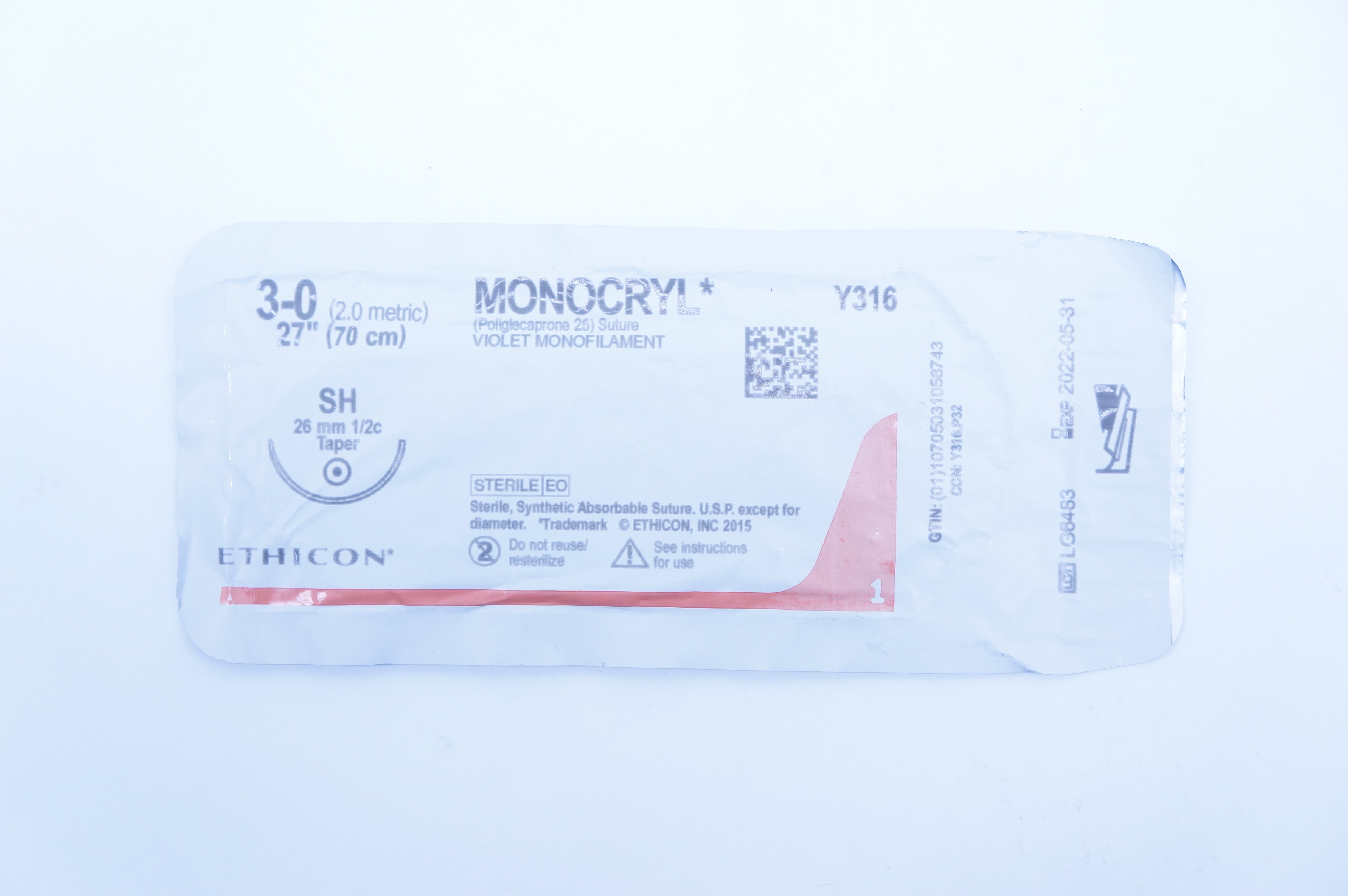 Ethicon Y316 3-0 MONOCRYL, SH, 26mm 1/2c Taper, 27inch