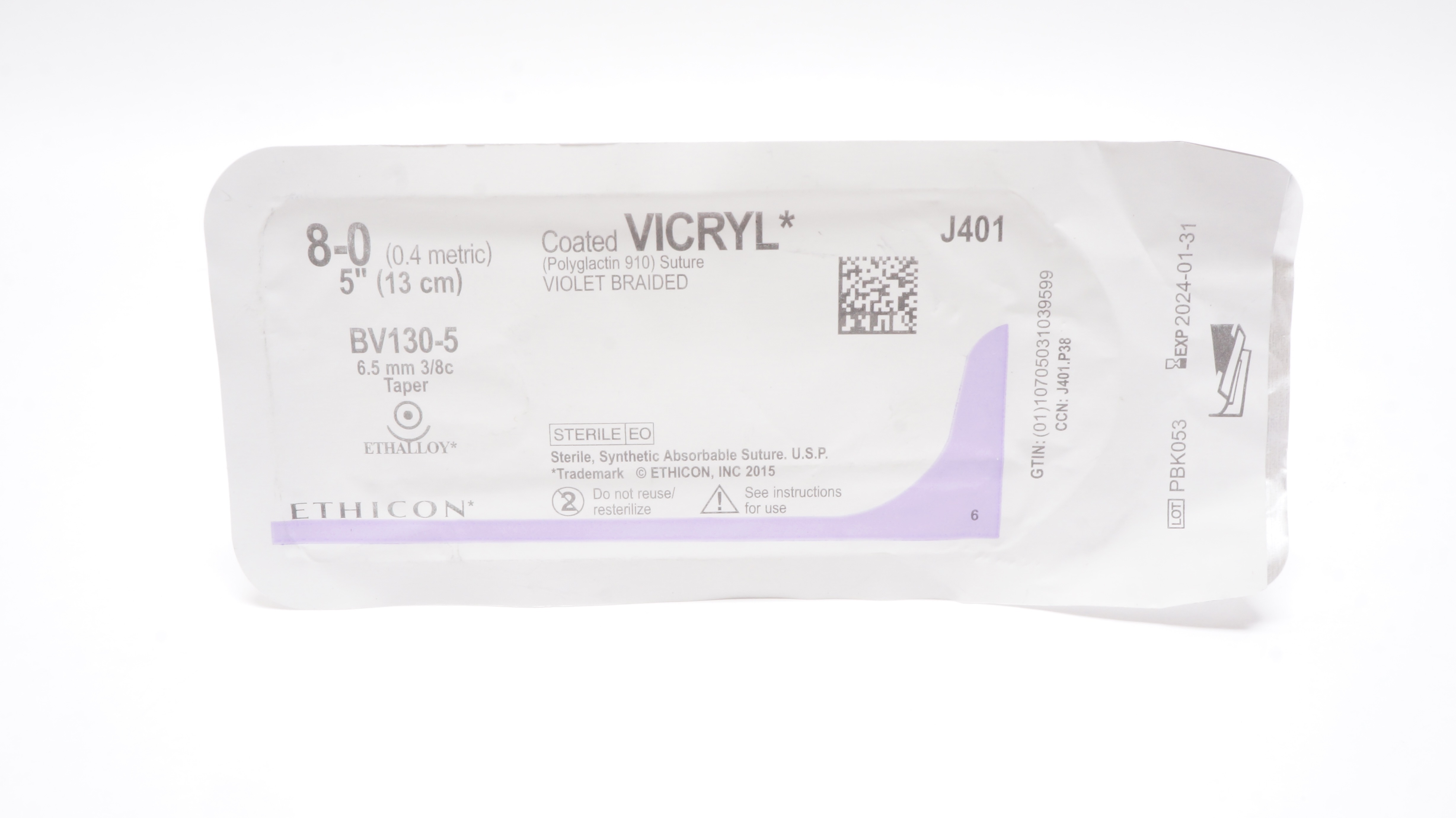 Ethicon J401 VICRYL 8-0 Violet Braided, BV130-5, 6.5mm 3/8c Taper, 5inch