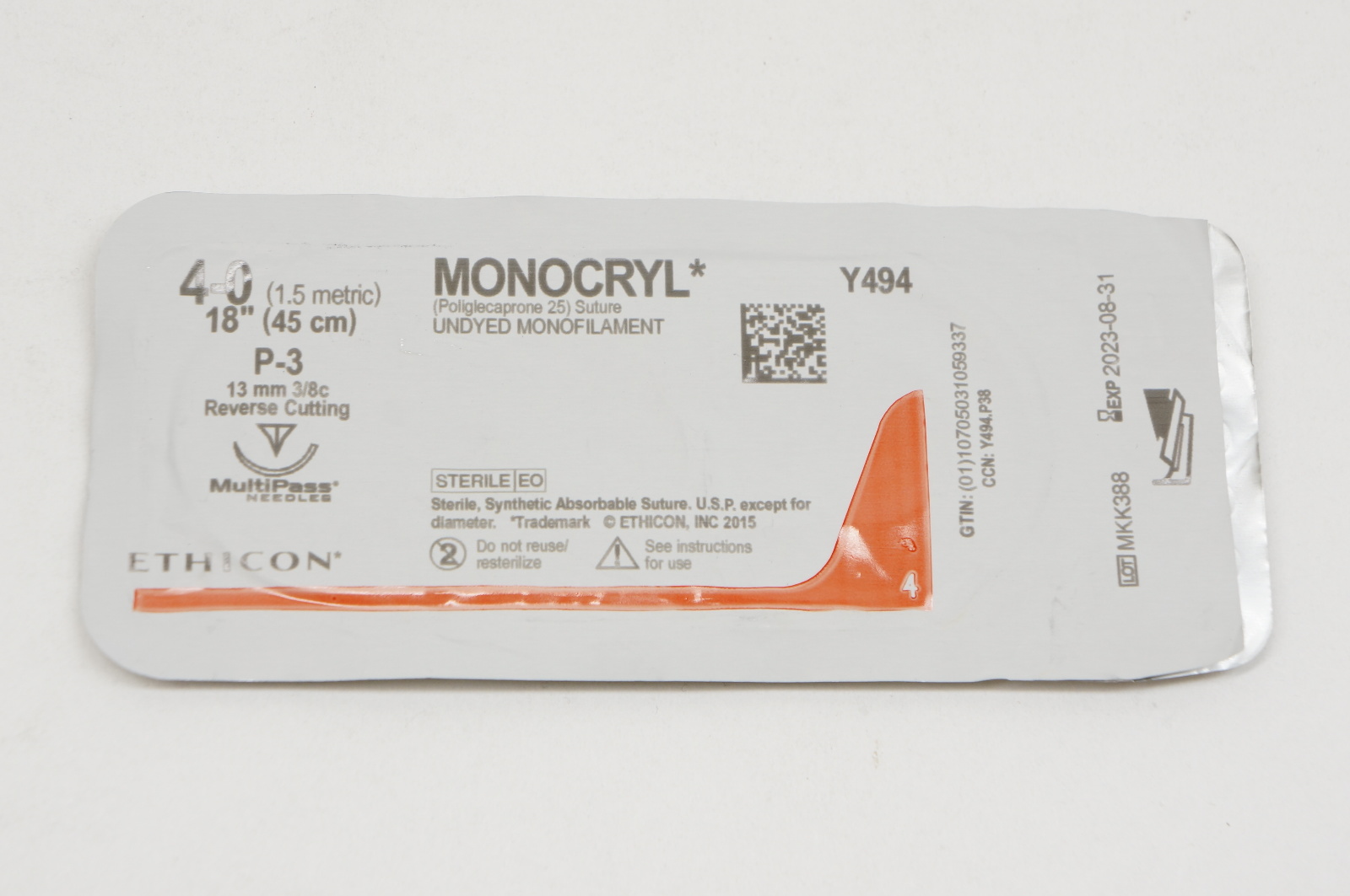 Ethicon Y494 4-0 MONOCRYL, P-3, 13mm 3/8c, 18inch