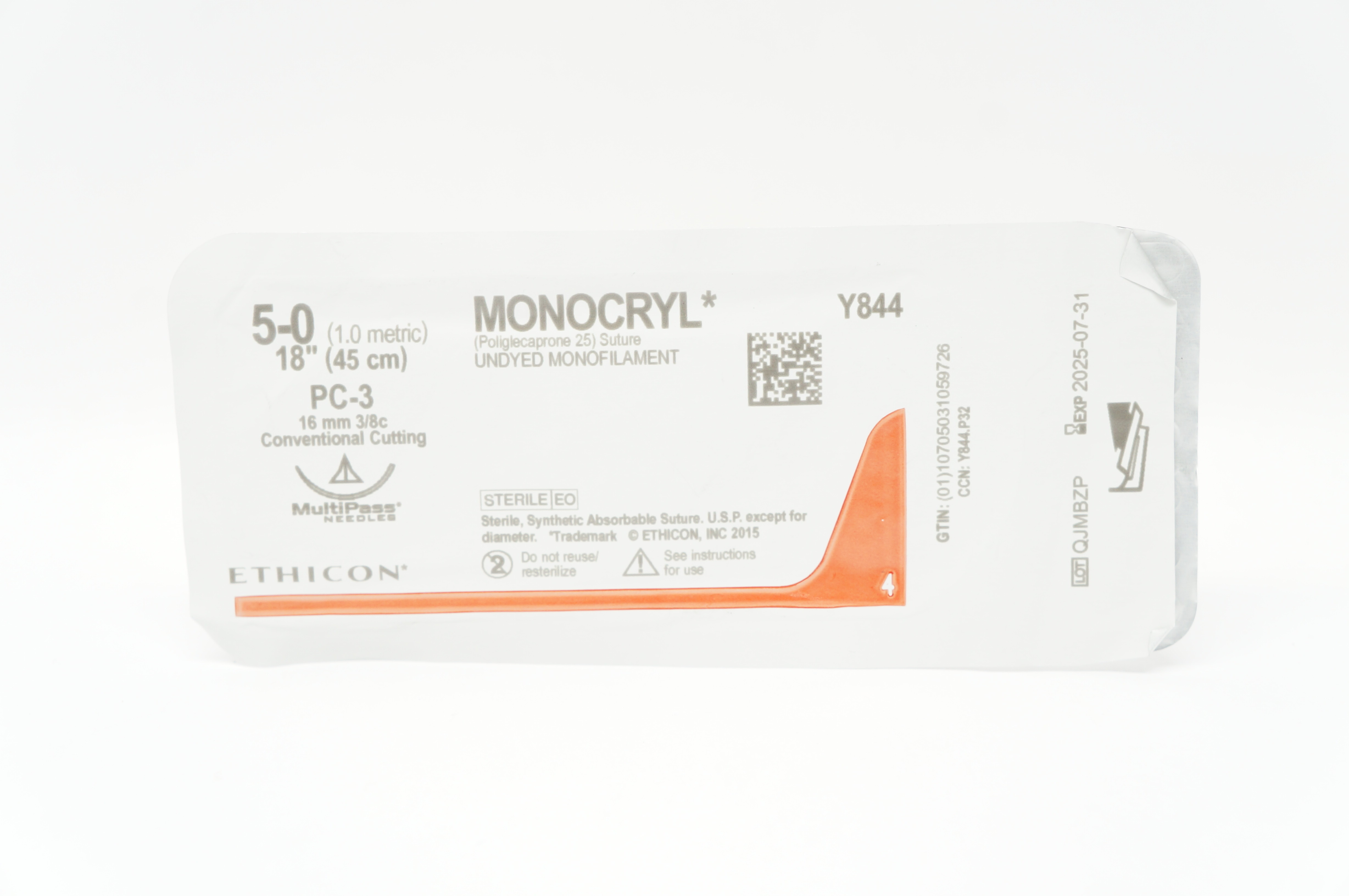Ethicon Y844 5-0 MONOCRYL Stre PC-3 16mm 3/8c Conventional Cutting 18inch