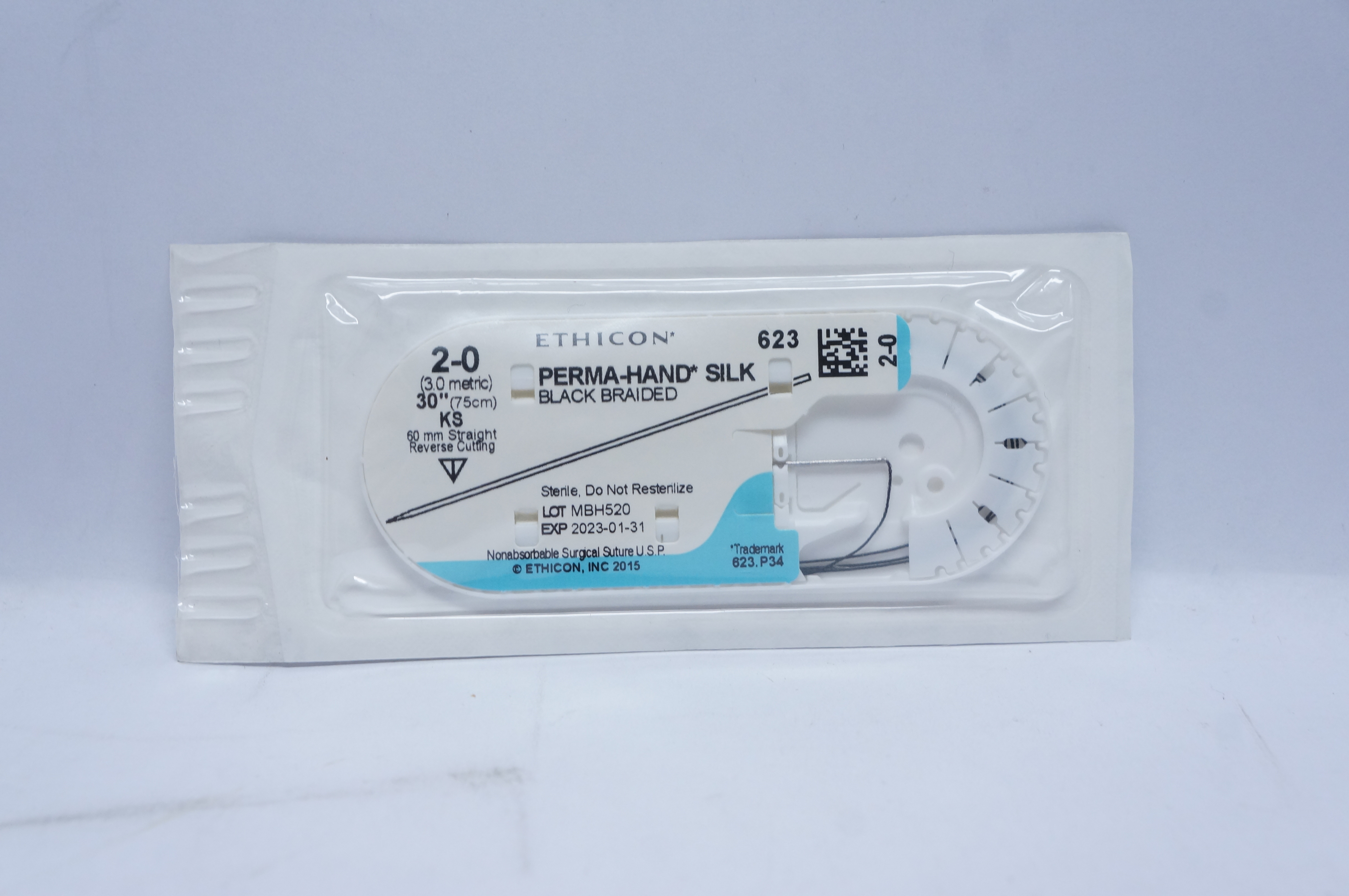 Ethicon 623 2-0 PERMA-HAND SILK, KS, 60mm Straight Reverse Cutting, 30inch