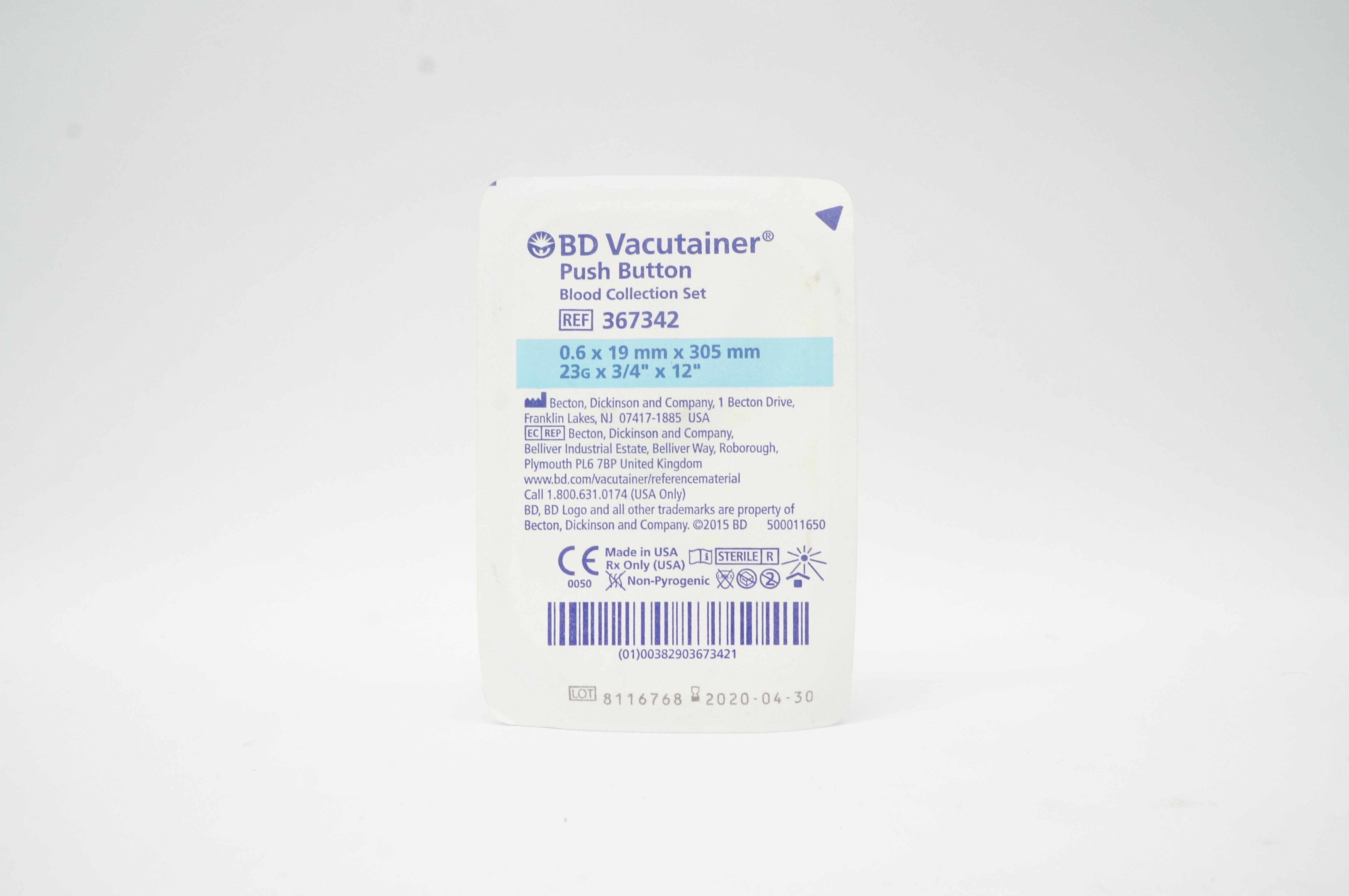 BD 367342 Vacutainer Push Button Blood Collection Set 23G x 3/4inch x 12inch (x)