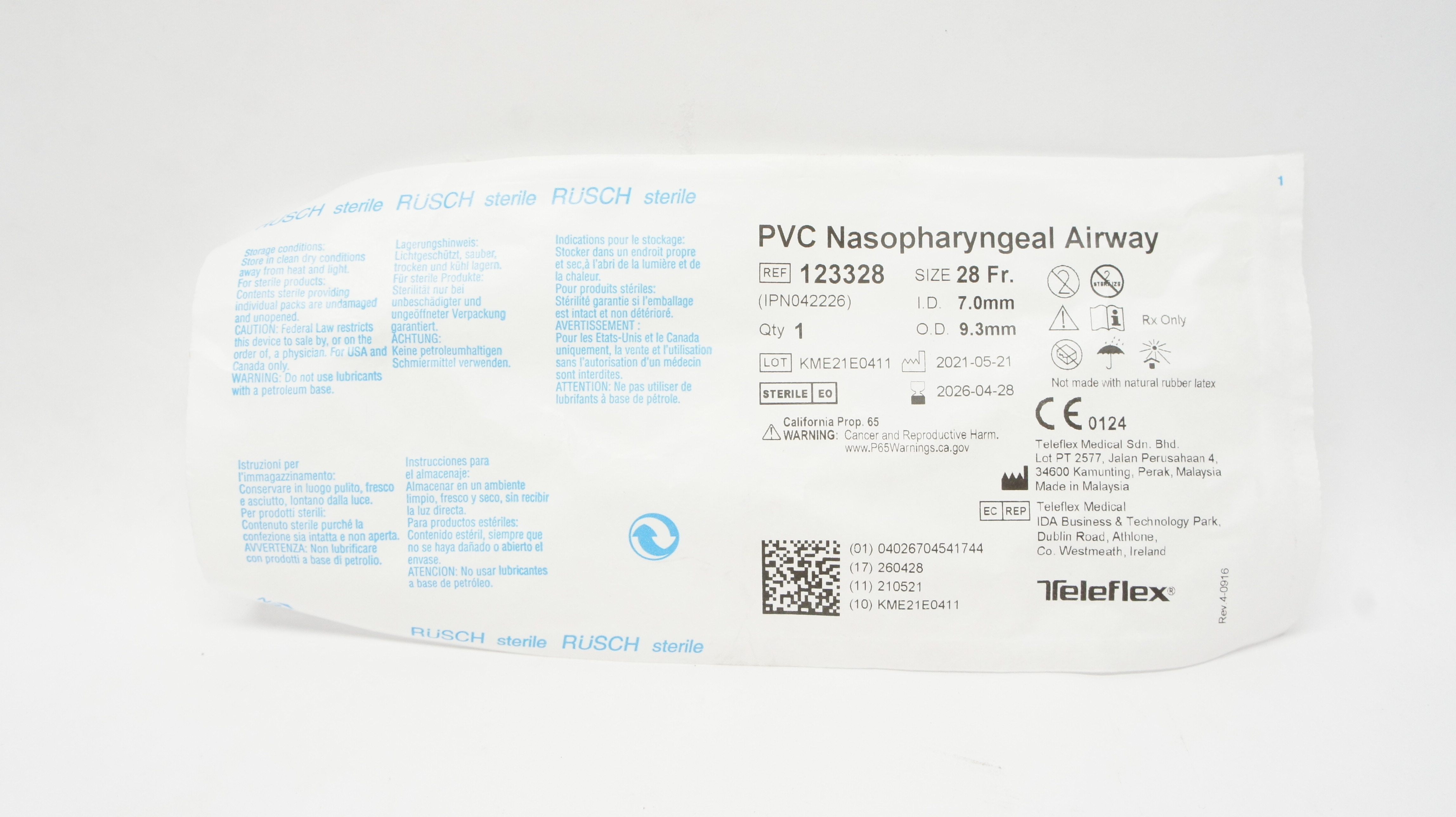 Teleflex 123328 RUSCH PVC Nasopharyngeal Airway 28Fr. x 7.0mm ID x 9.3mm OD