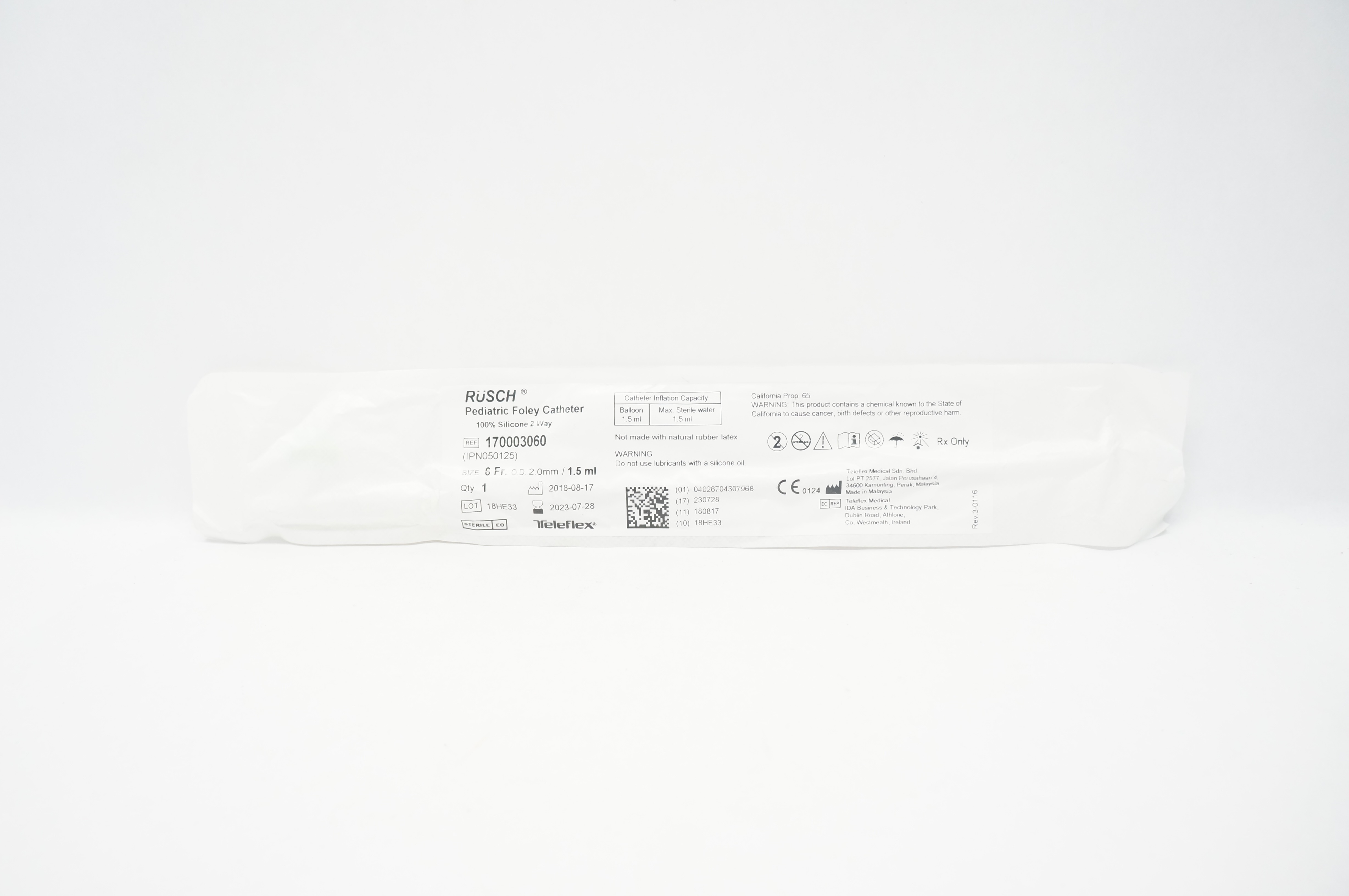 Teleflex 170003060 RUSCH Pediatric Foley Cath. 6Fr x 2.0mm O.D. x 1.5ml