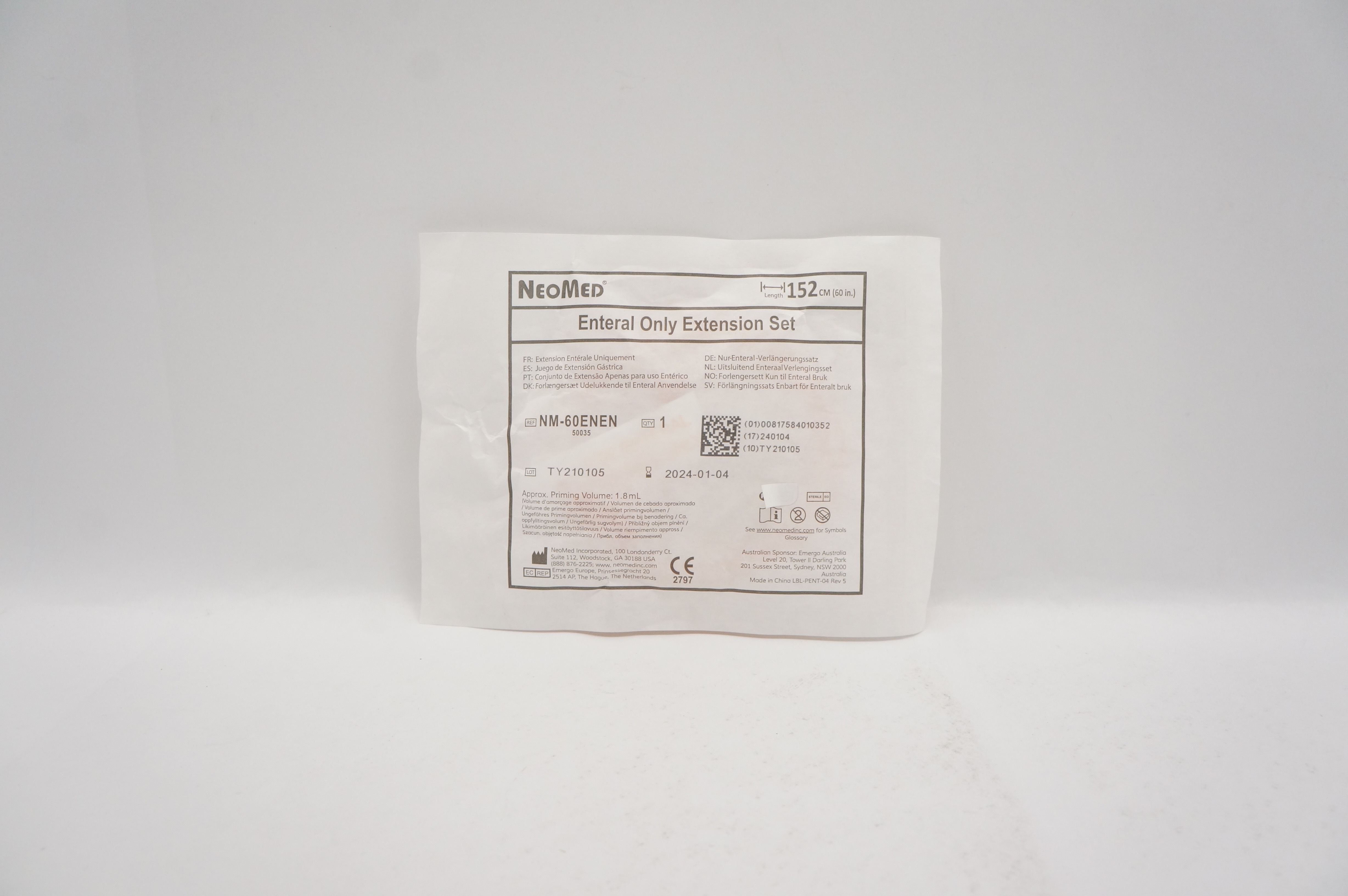NeoMed NM-60ENEN Enteral Extension Set, Approx. Priming Volume 1.8mL, 60 inch