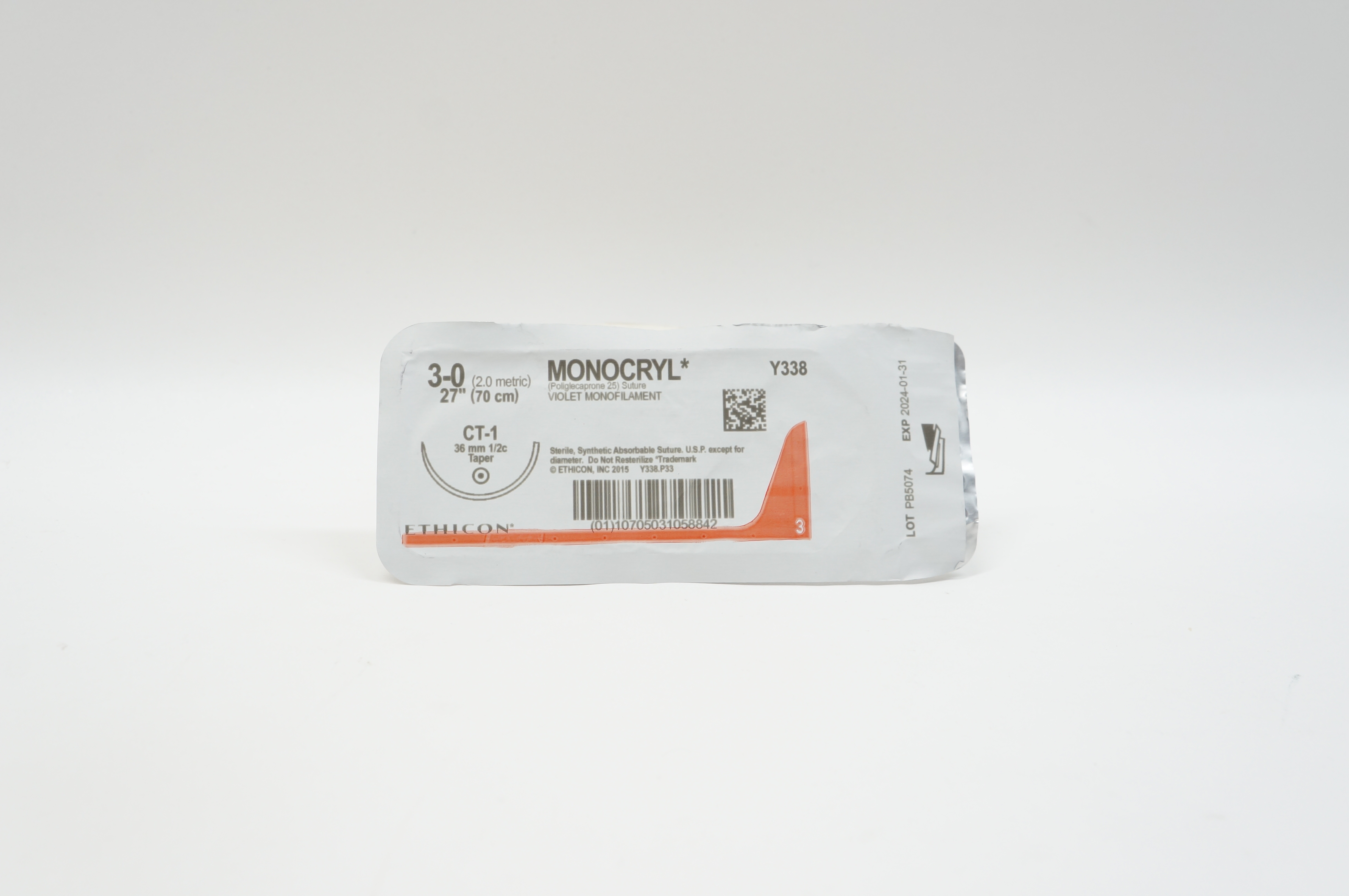 Ethicon Y338 3-0 MONOCRYL, CT-1, 36mm 1/2c Taper, 27inch