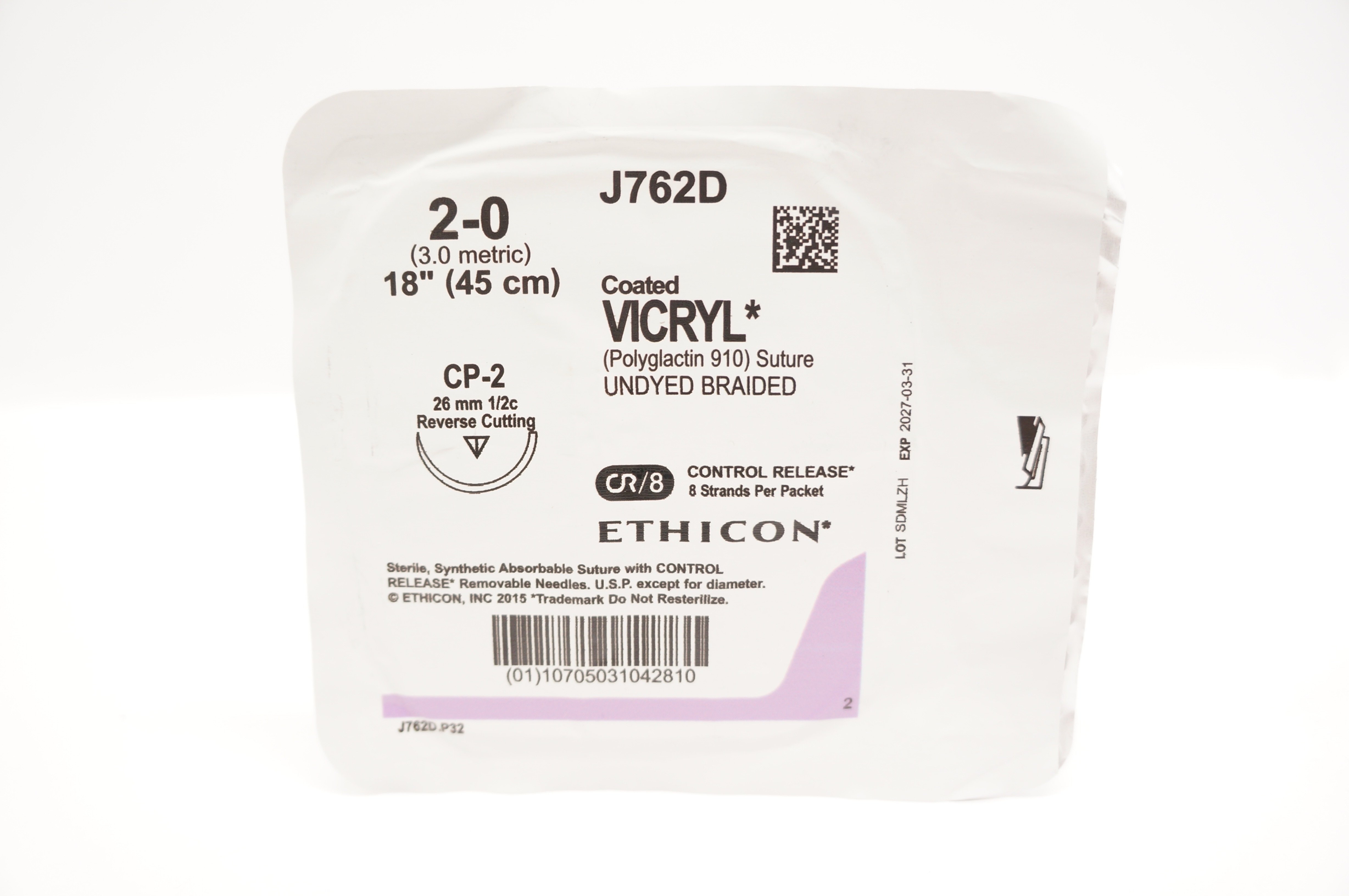 Ethicon J762D 2-0 Coated VICRYL, CP-2, 26mm 1/2c Reverse Cutting, 18inch