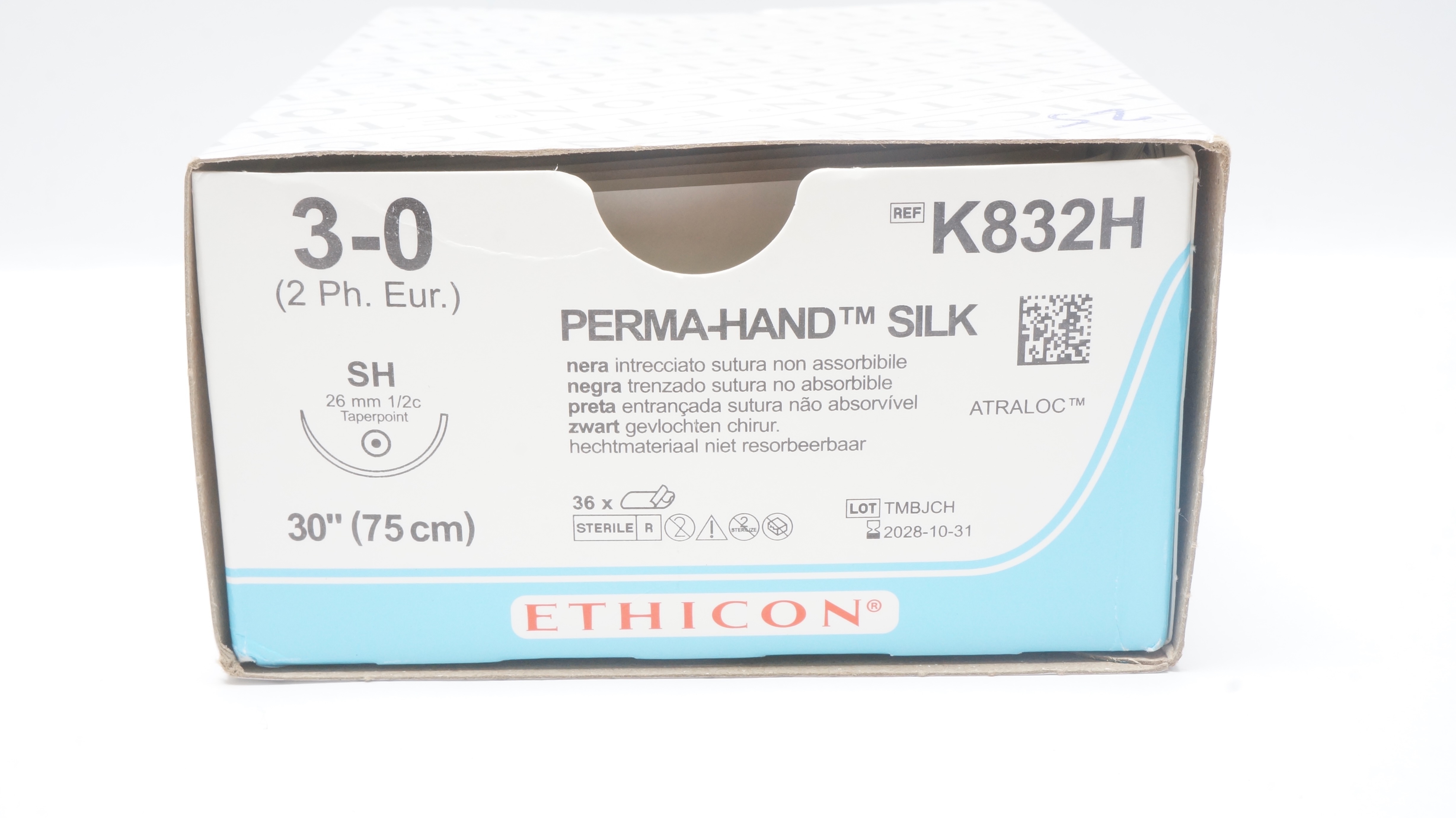 Ethicon K832H 3-0 Perma-Hand Silk Stre SH 26mm 1/2c Taperpoint 30inch -Box of 25