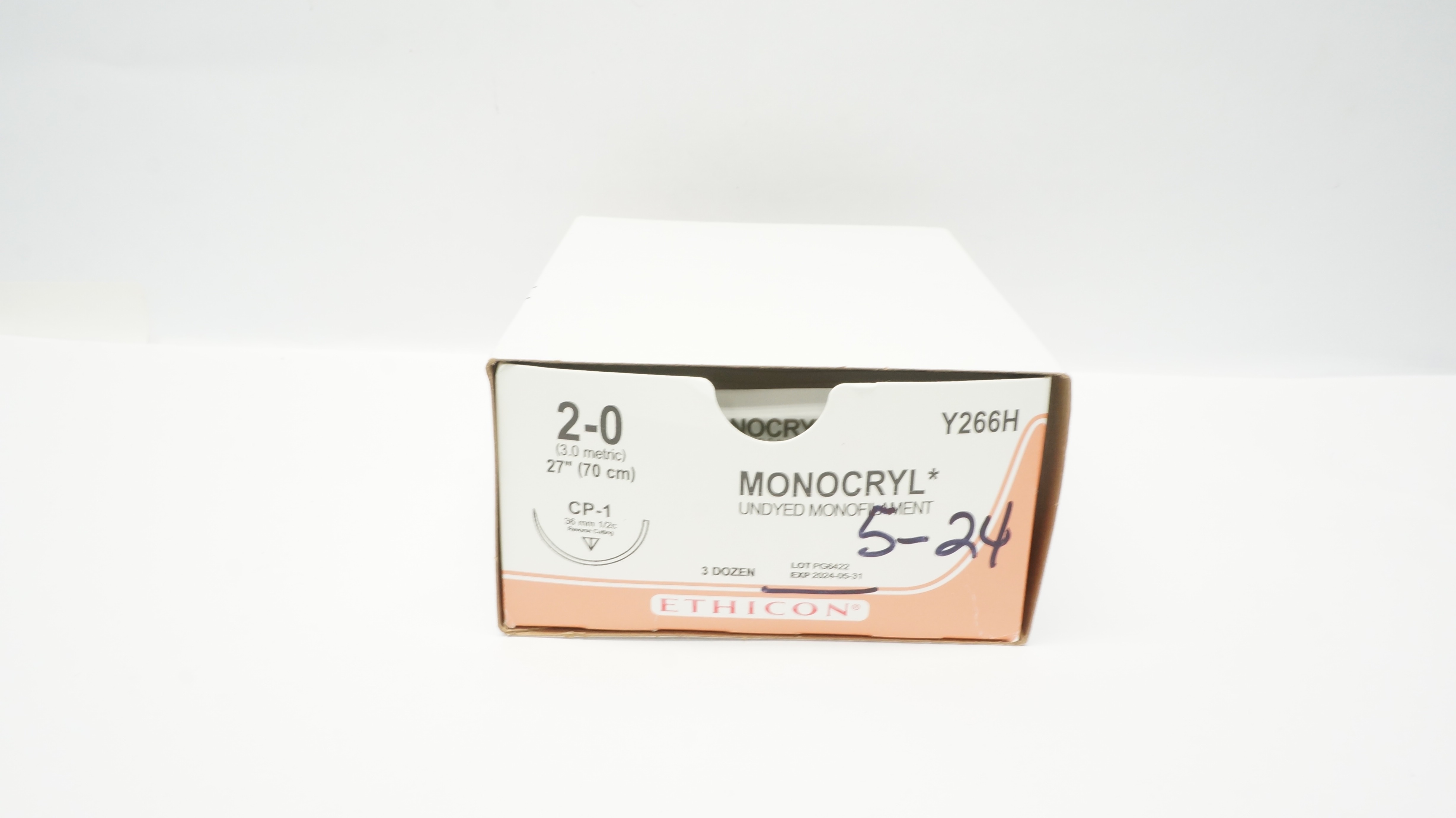 Ethicon Y266H 2-0 Monocryl CP-1 36mm 1/2c Reverse Cutting 27inch (x) - Box of 34