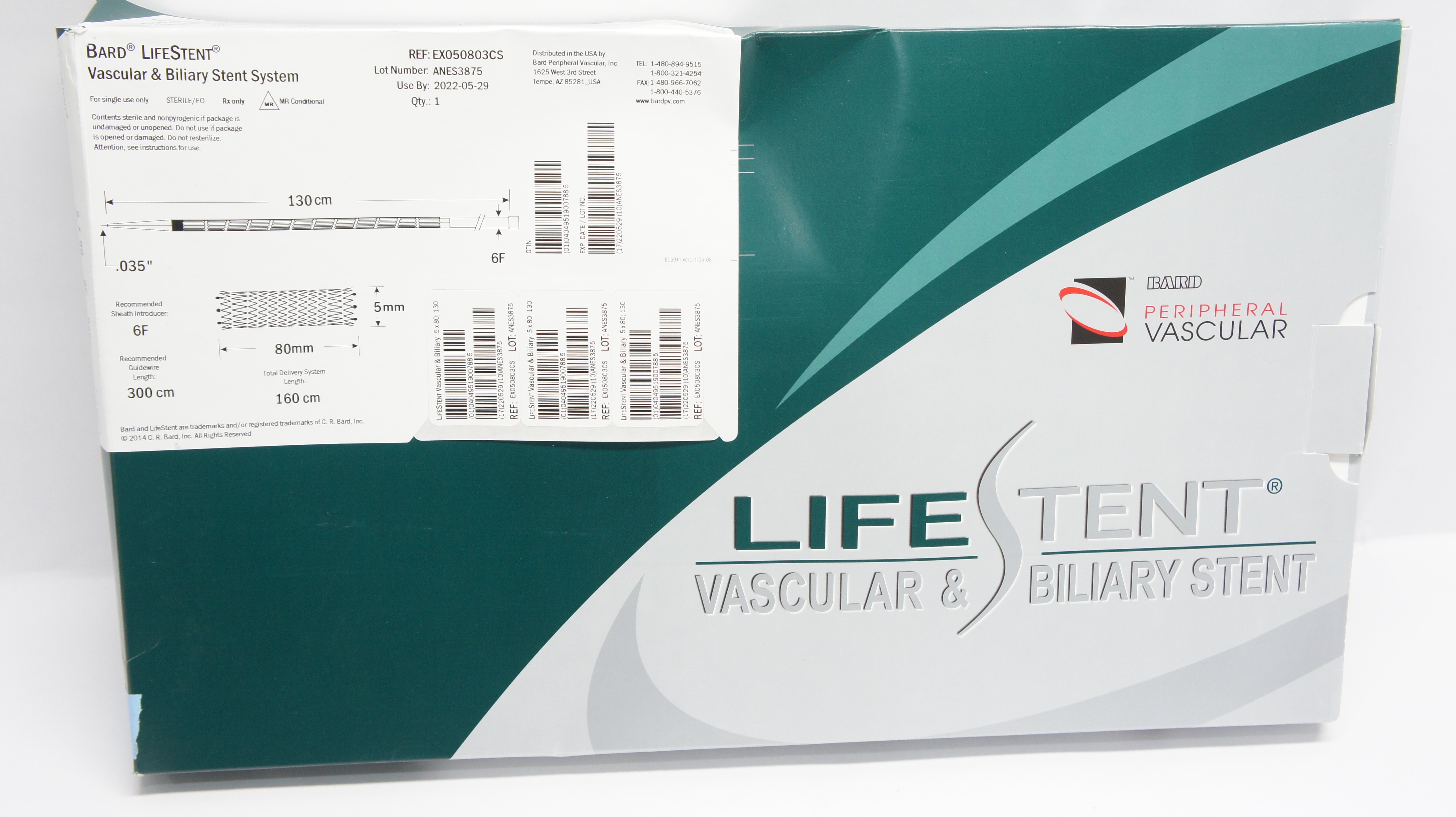 Bard EX050803CS LifeSctent Vascular & Biliary Stent System 035In x 130cm x 6F(x)