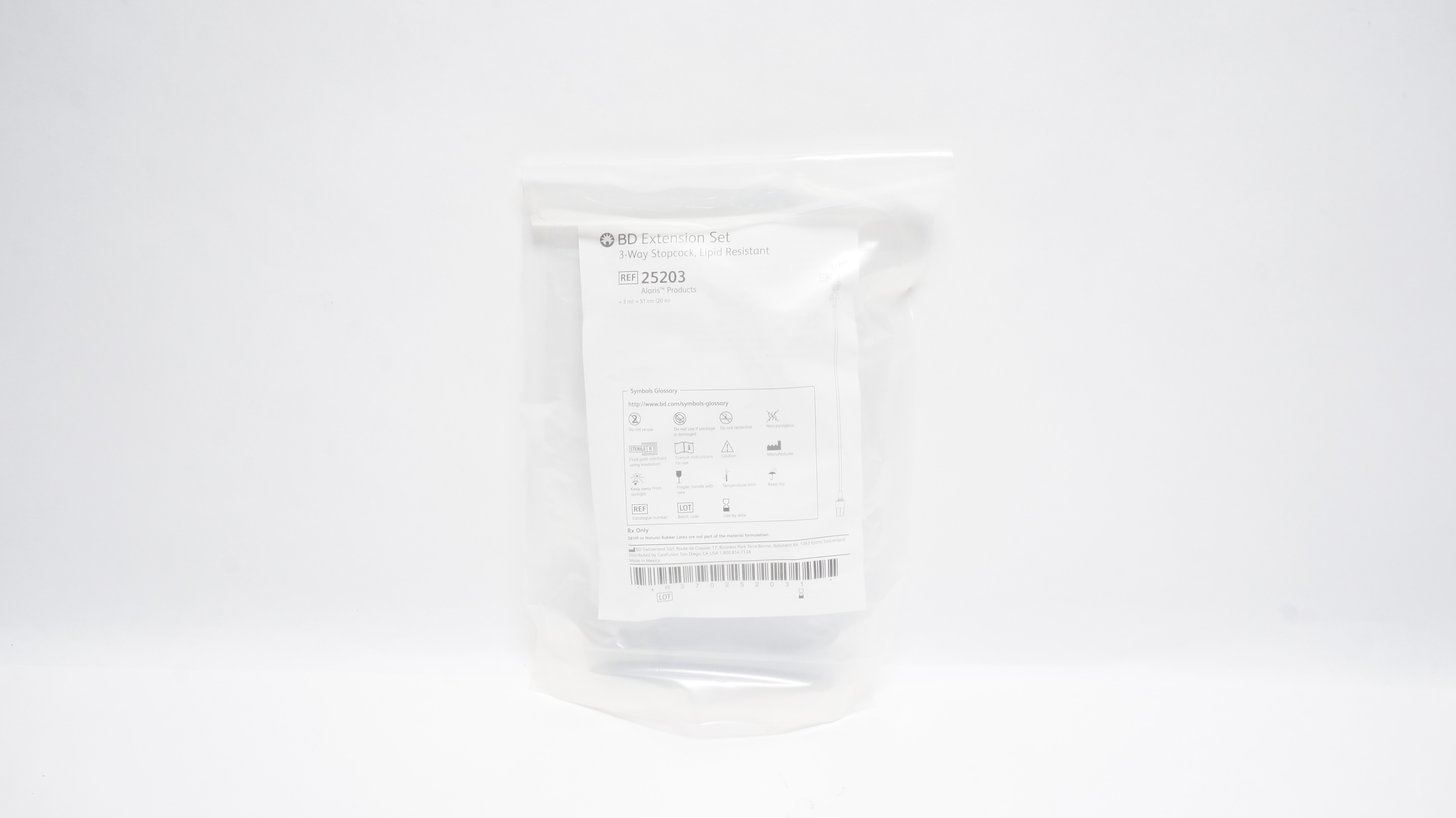 BD 25203 Alaris Extension Set 3-Way Stopcock, Lipid Resistant 3ml x 20inch (x)