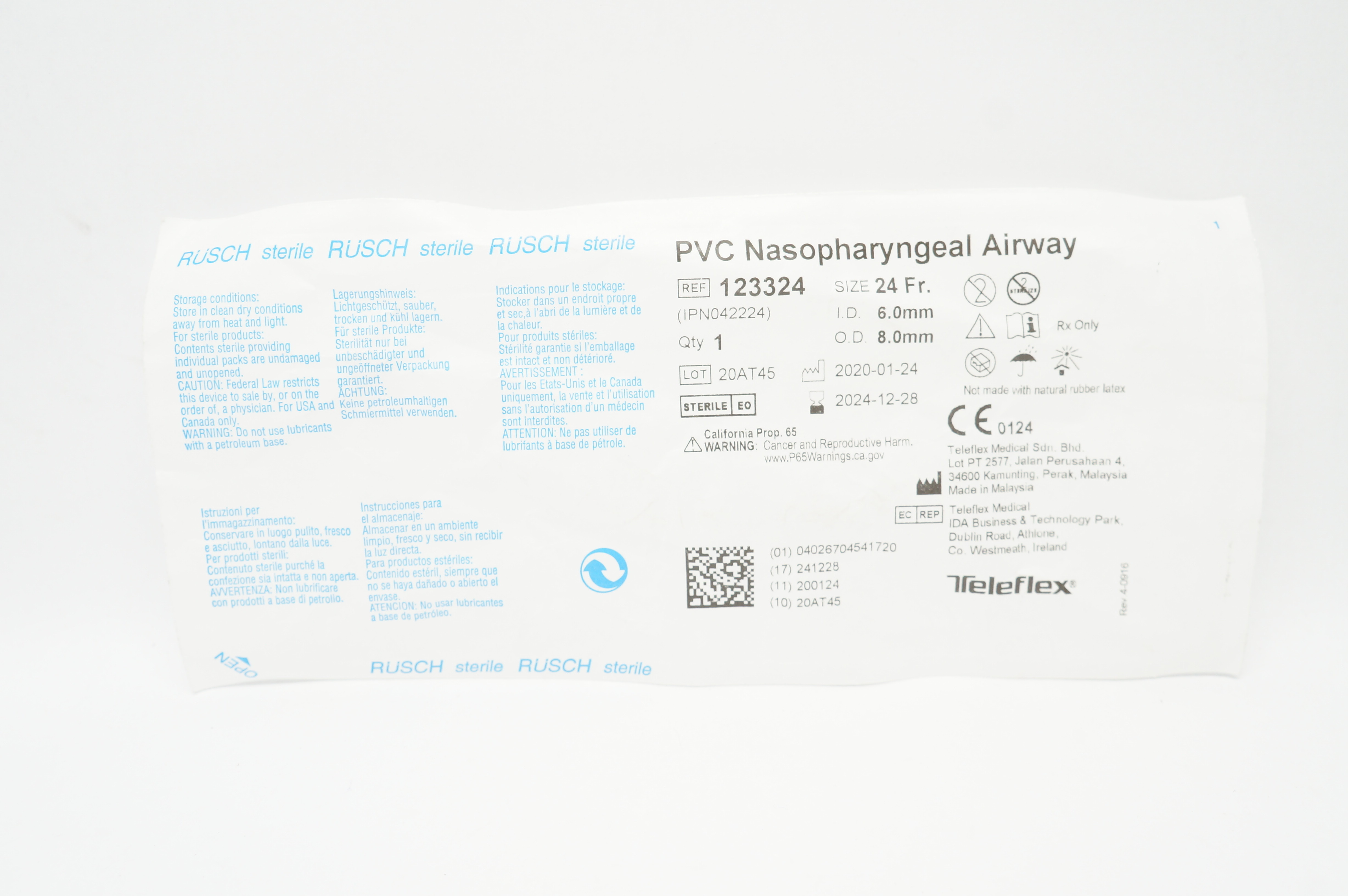 Teleflex 123324 Rusch PVC Nasopharyngeal Airway 24 Fr x 6.0mm ID x 8.0mm OD