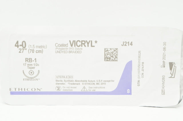 Ethicon J214 4-0 Coated Vicryl Stre Undyed Braided, RB-1 17mm Tapper, 27inch (x)