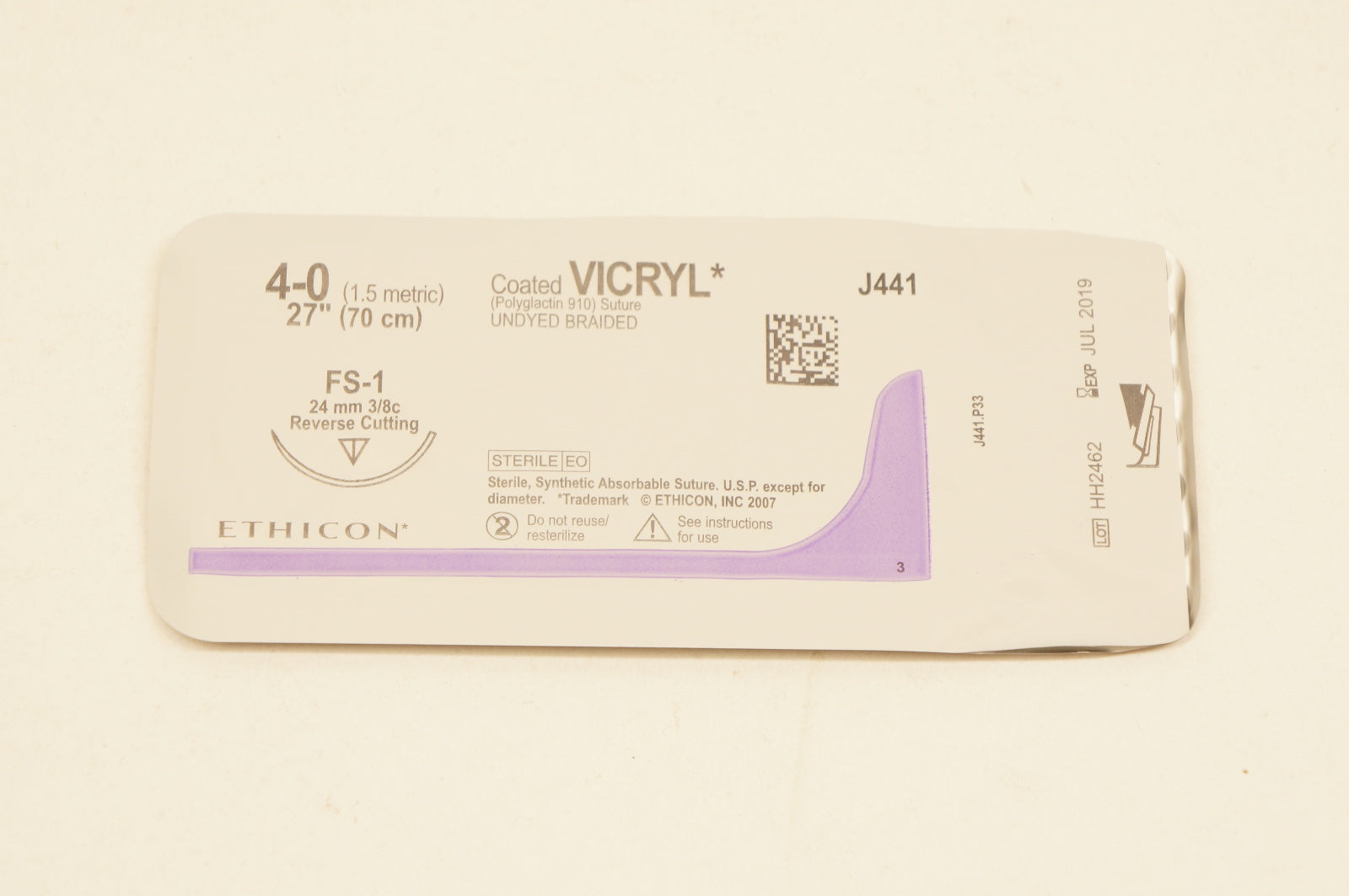 Ethicon J441 4-0 VICRYL, FS-1, 24mm 3/8c Reverse Cutting, 27inch (x)