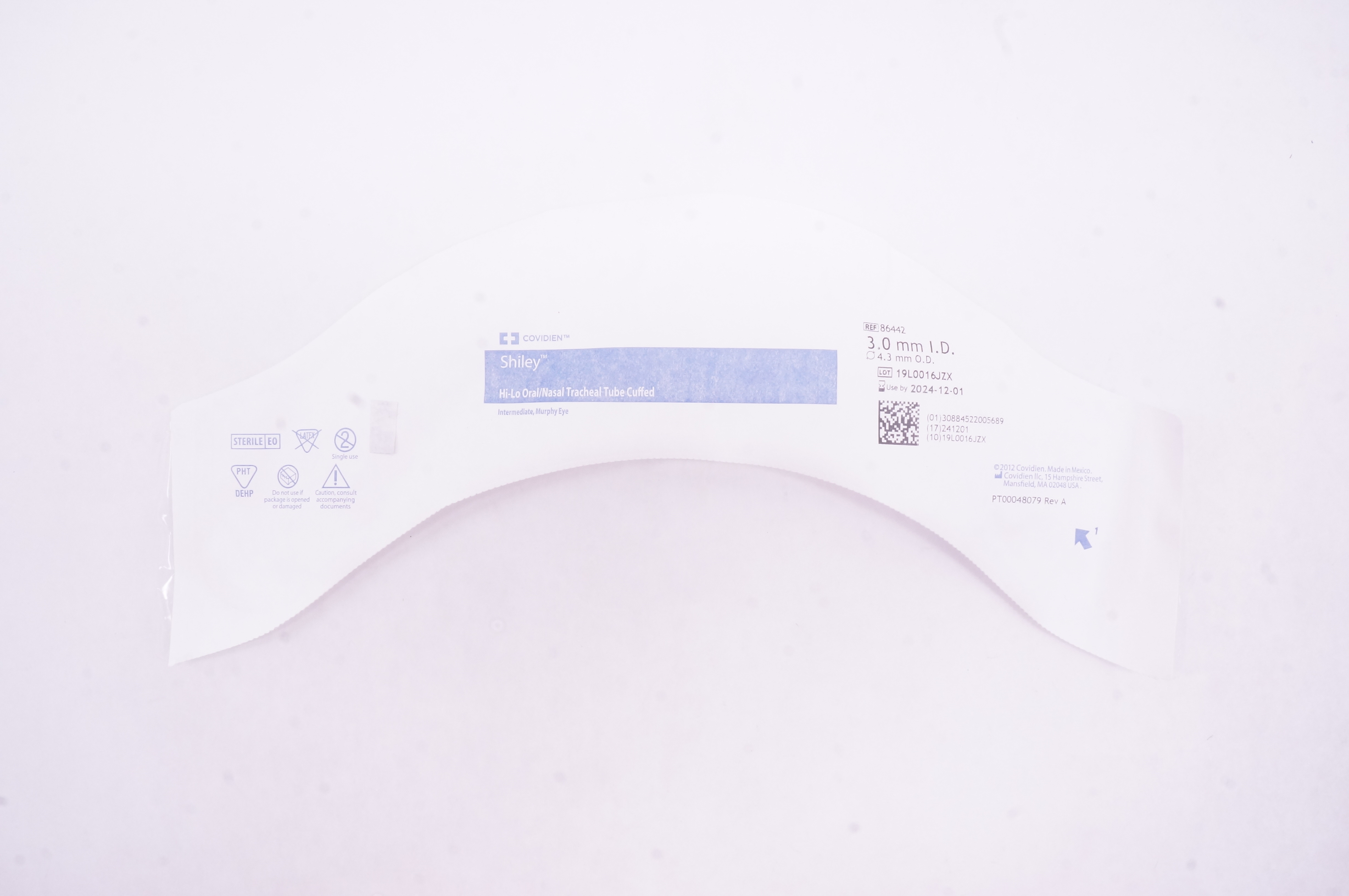 Covidien 86442 Shiley Hi-Lo Oral/Nasal Tracheal Tube Cuffed 3.0mm ID x 4.3mmOD