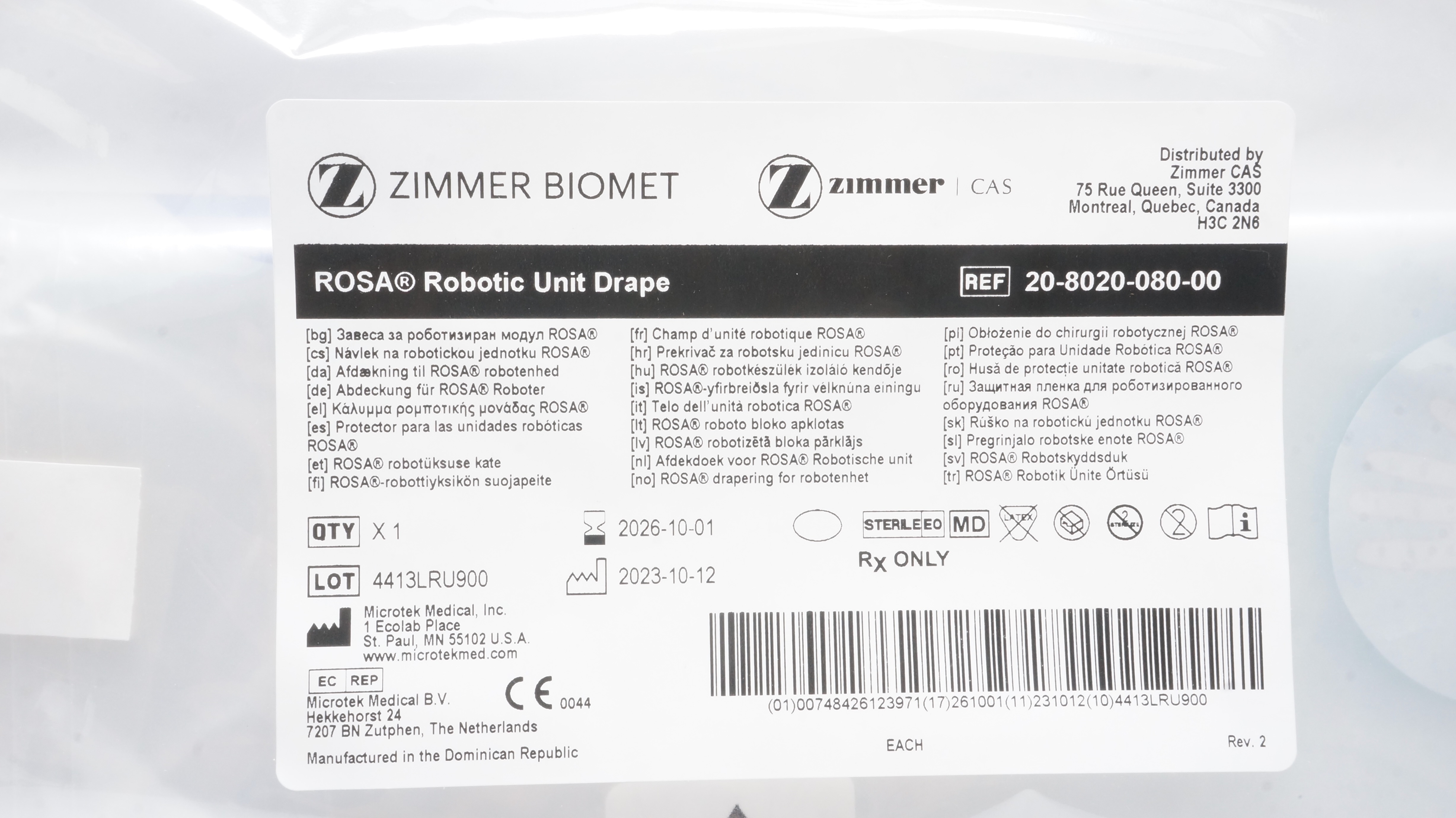 Zimmer 20-8020-080-00 Rosa Robotic Unit Drape