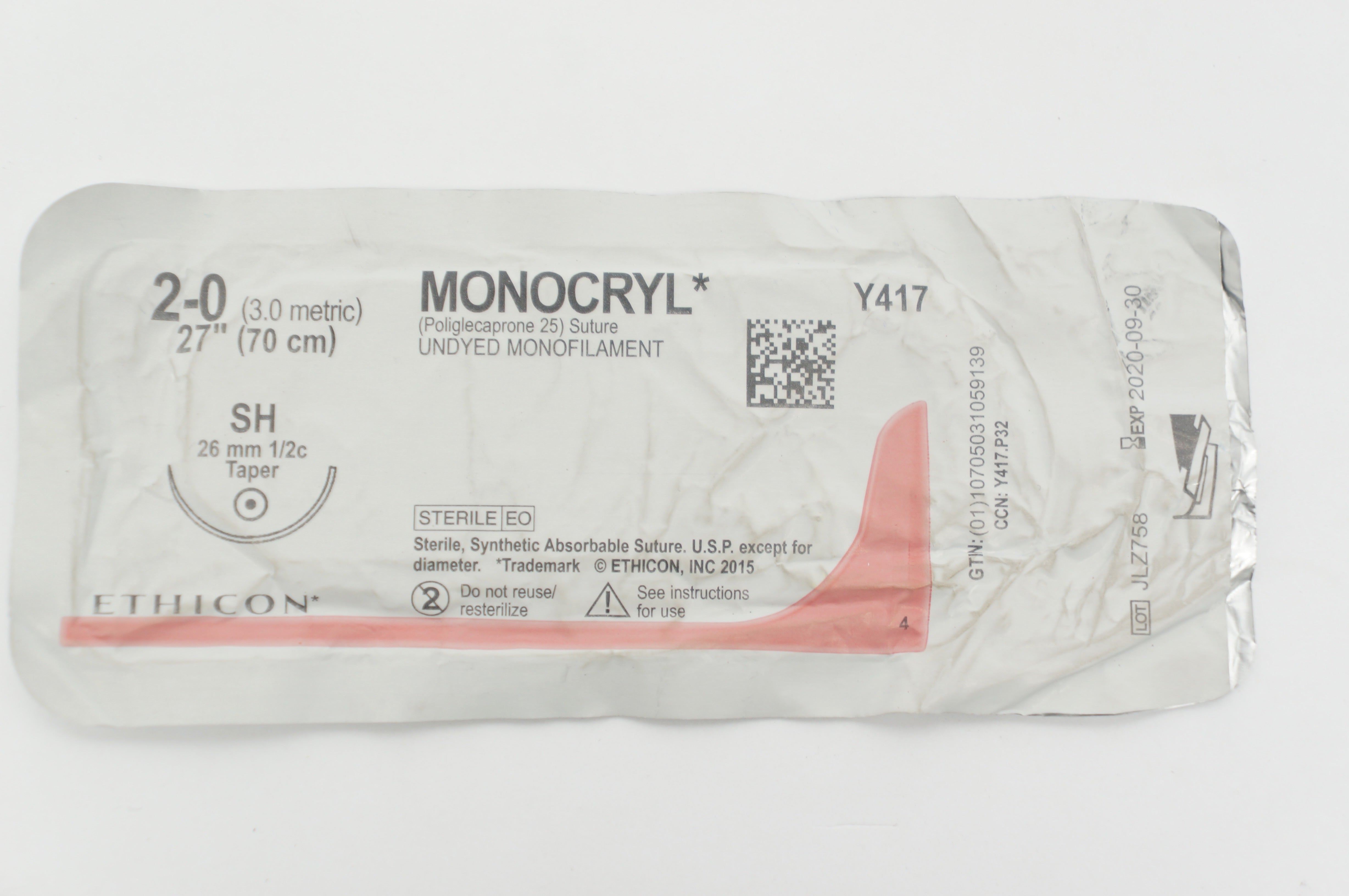 Ethicon Y417 2-0 Monocryl Poliglecaprone 25 Stre SH 26mm 1/2c Taper, 27inch (x)