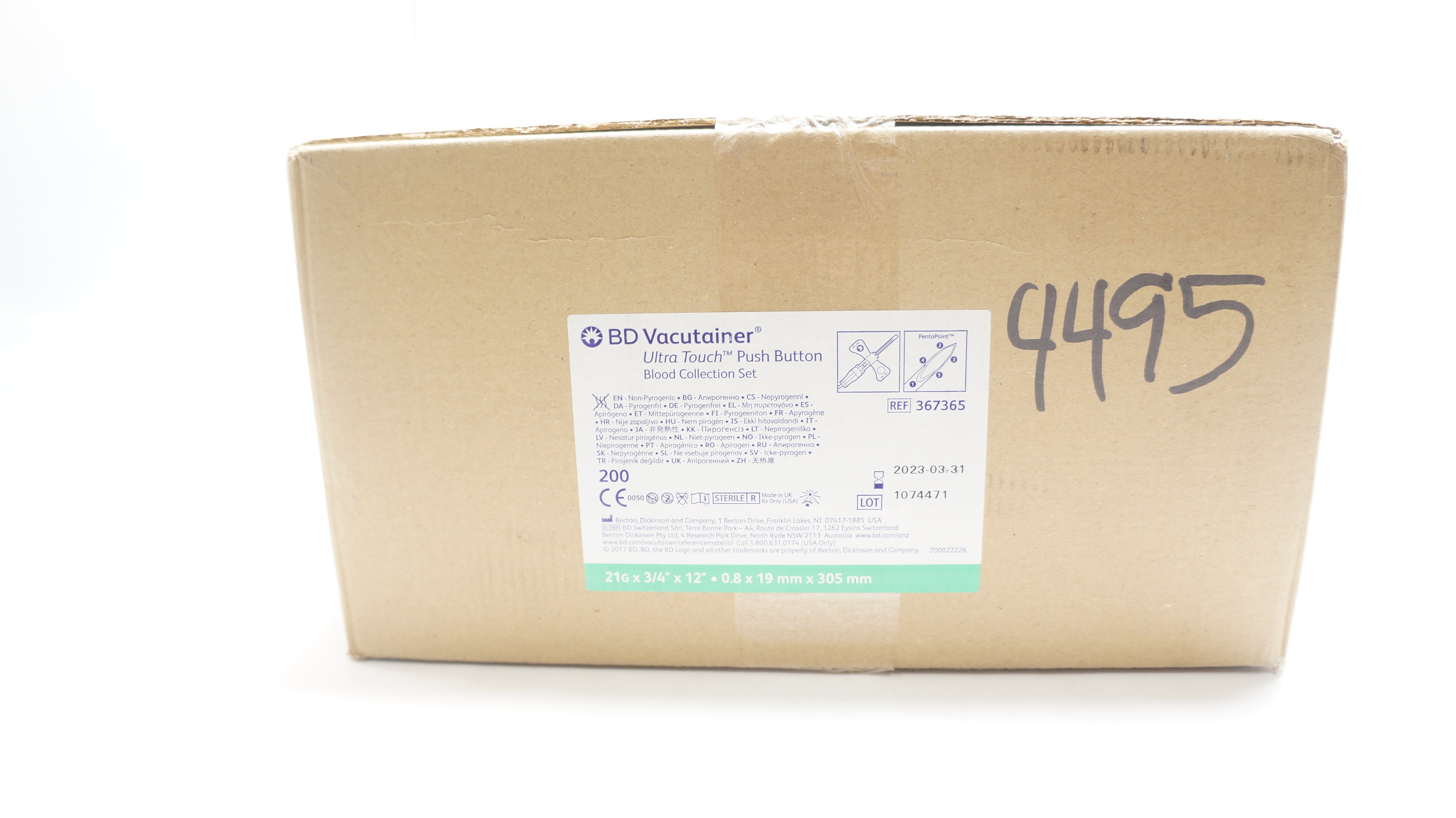 BD 367365 Push Button Blood Collection Set 21G x 3/4 x 12inch (x) - Case of 200