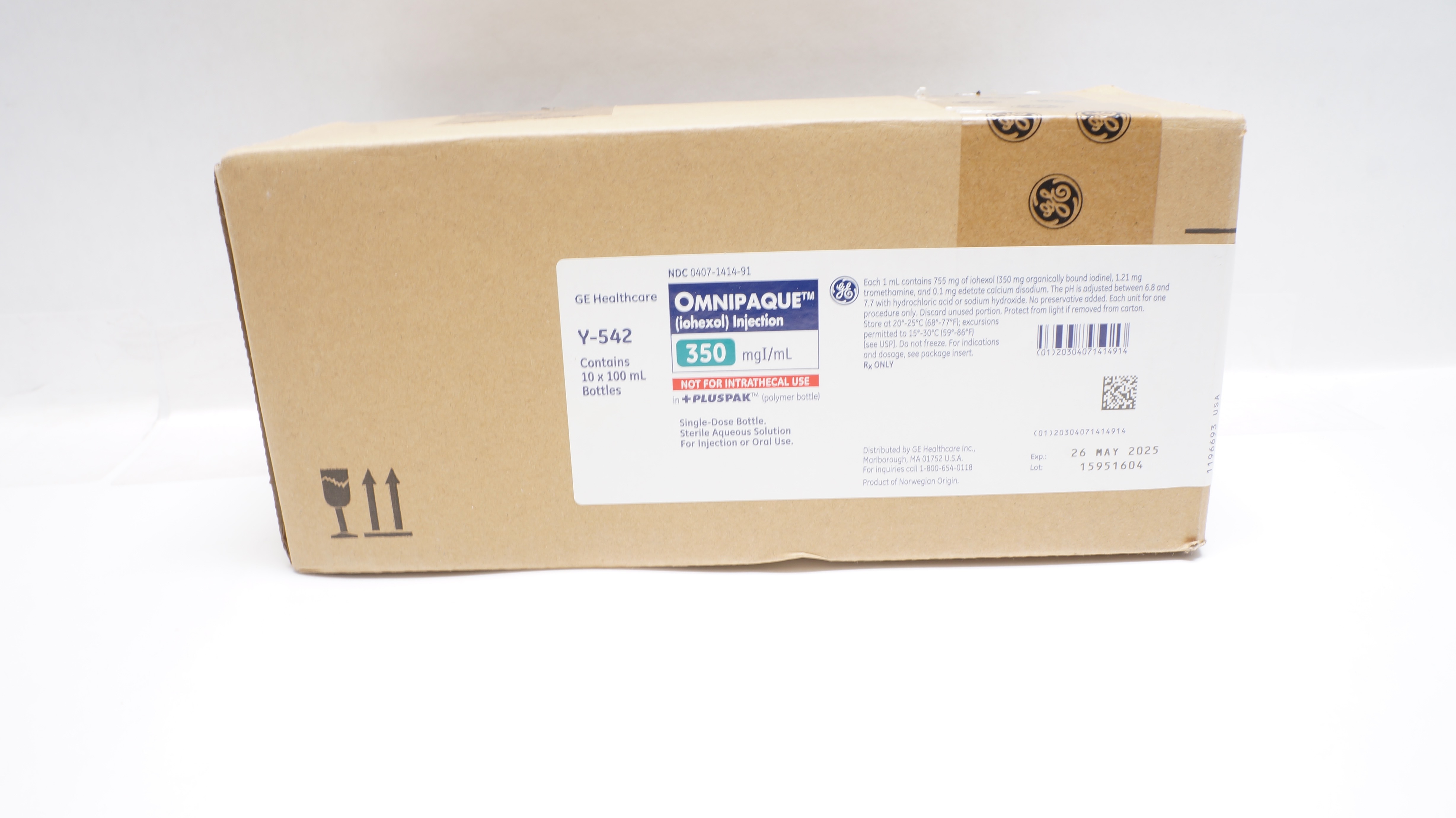 GE Y-542 Omnipaque 350mgI/mL Injection PlusPak Polymer Bottle 100mL - Case of 10