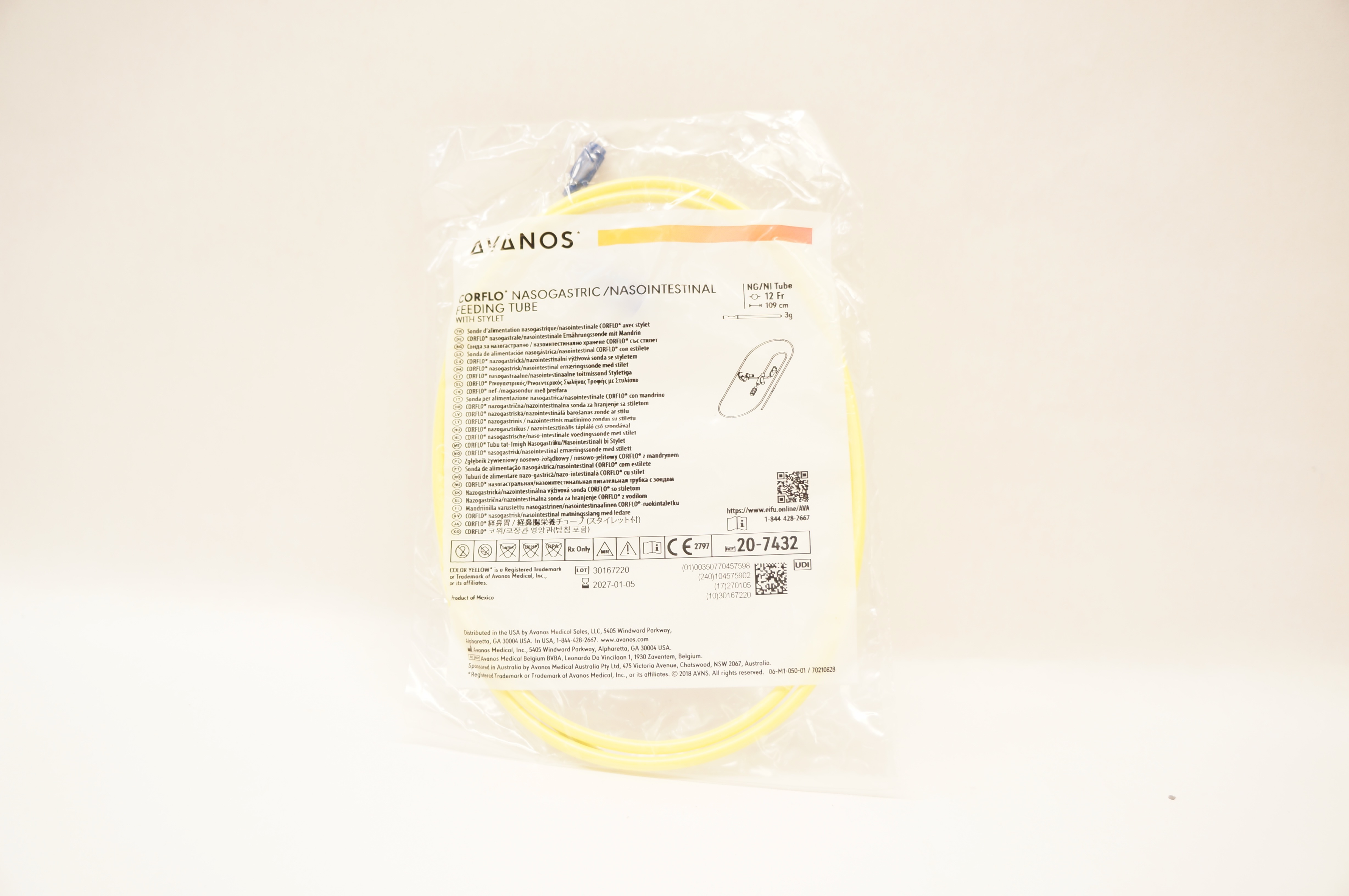 Avanos 20-7432 Corflo Nasogastric/Nasointestinal Feeding Tube 12Fr x 109cm 3g