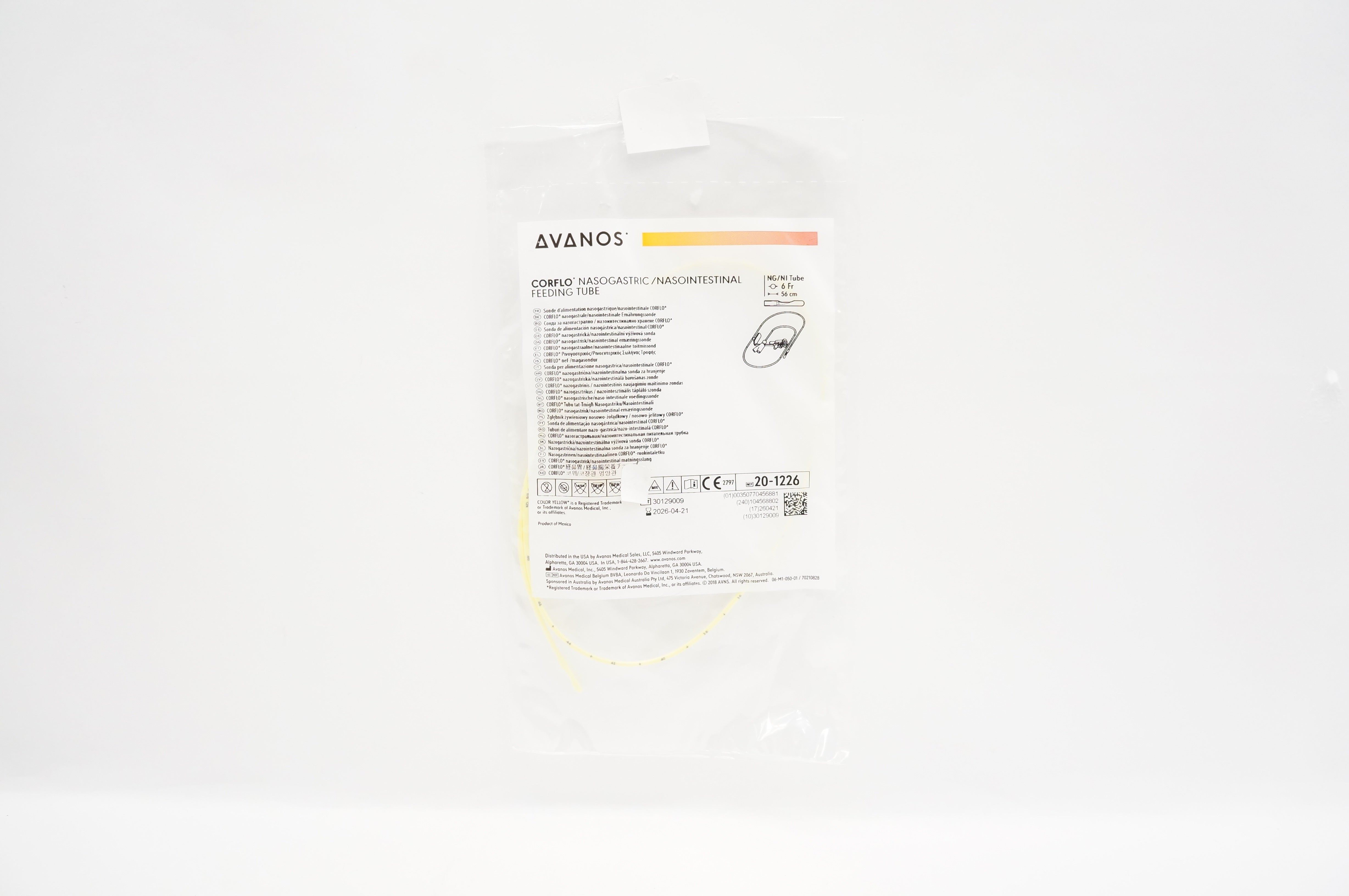 Avanos 20-1226 Corflo Nasogastric/ Nasointestinal Feeding Tube 6Fr x 56cm