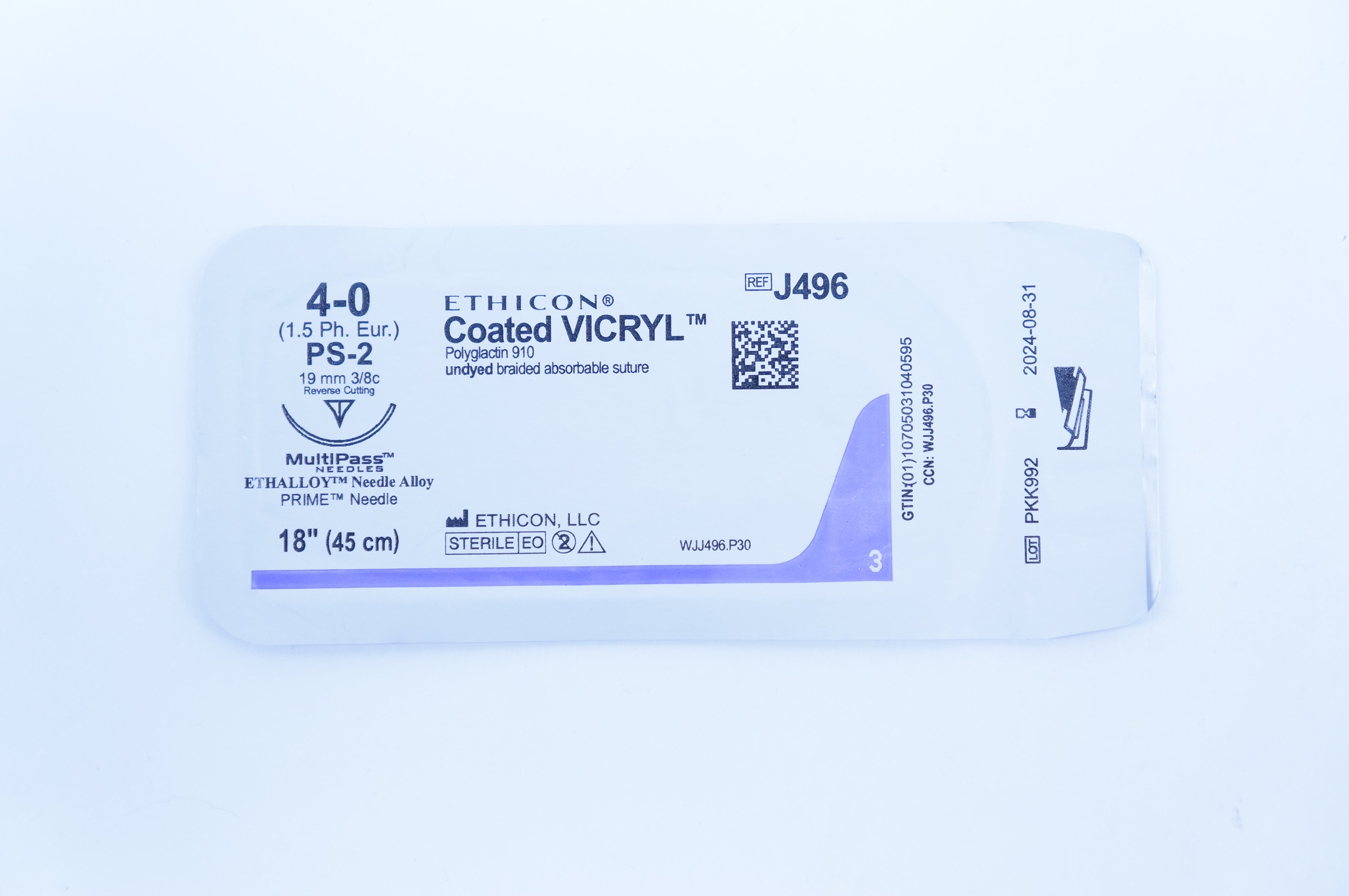Ethicon J496 4-0 Vicryl Absorbable, Undyed Braided 18inch, PS-2 19mm