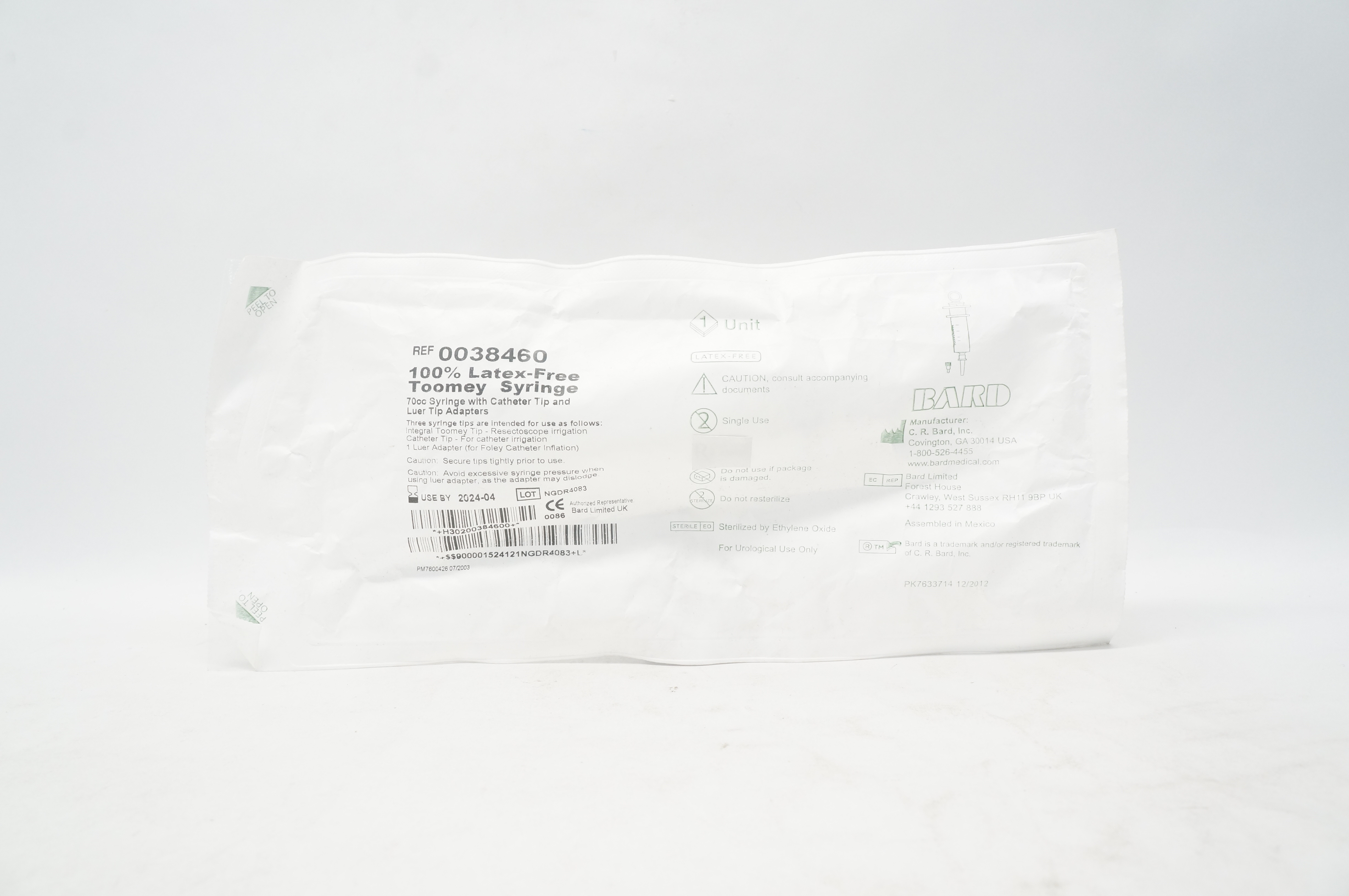 Bard 0038460 Toomey Syringe 70cc With Cath. Tip & Luer Tip Adapters