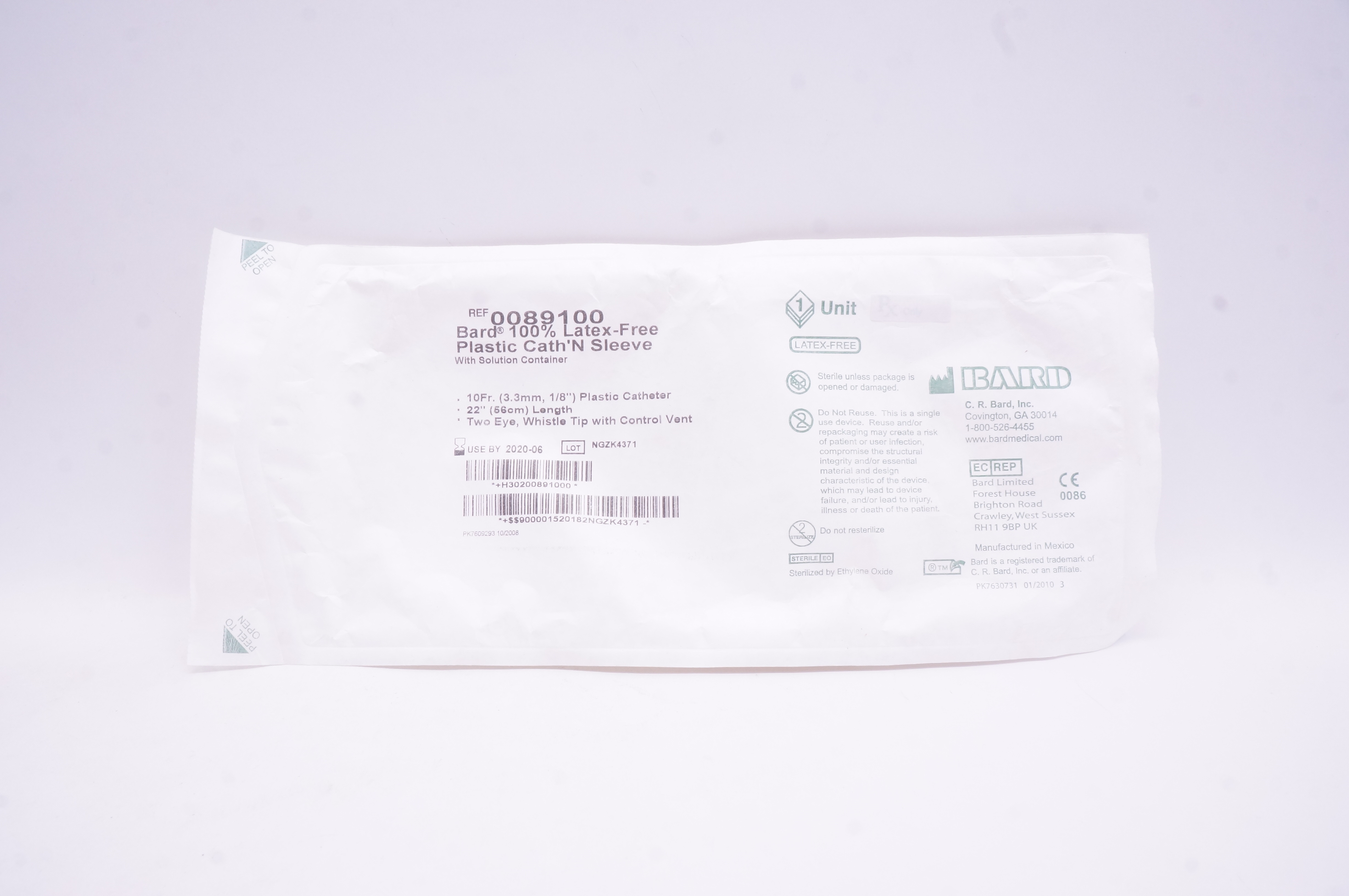 Bard 0089100 Plastic Cath'N Sleeve With Solution Container 10Fr x 22 inch (x)