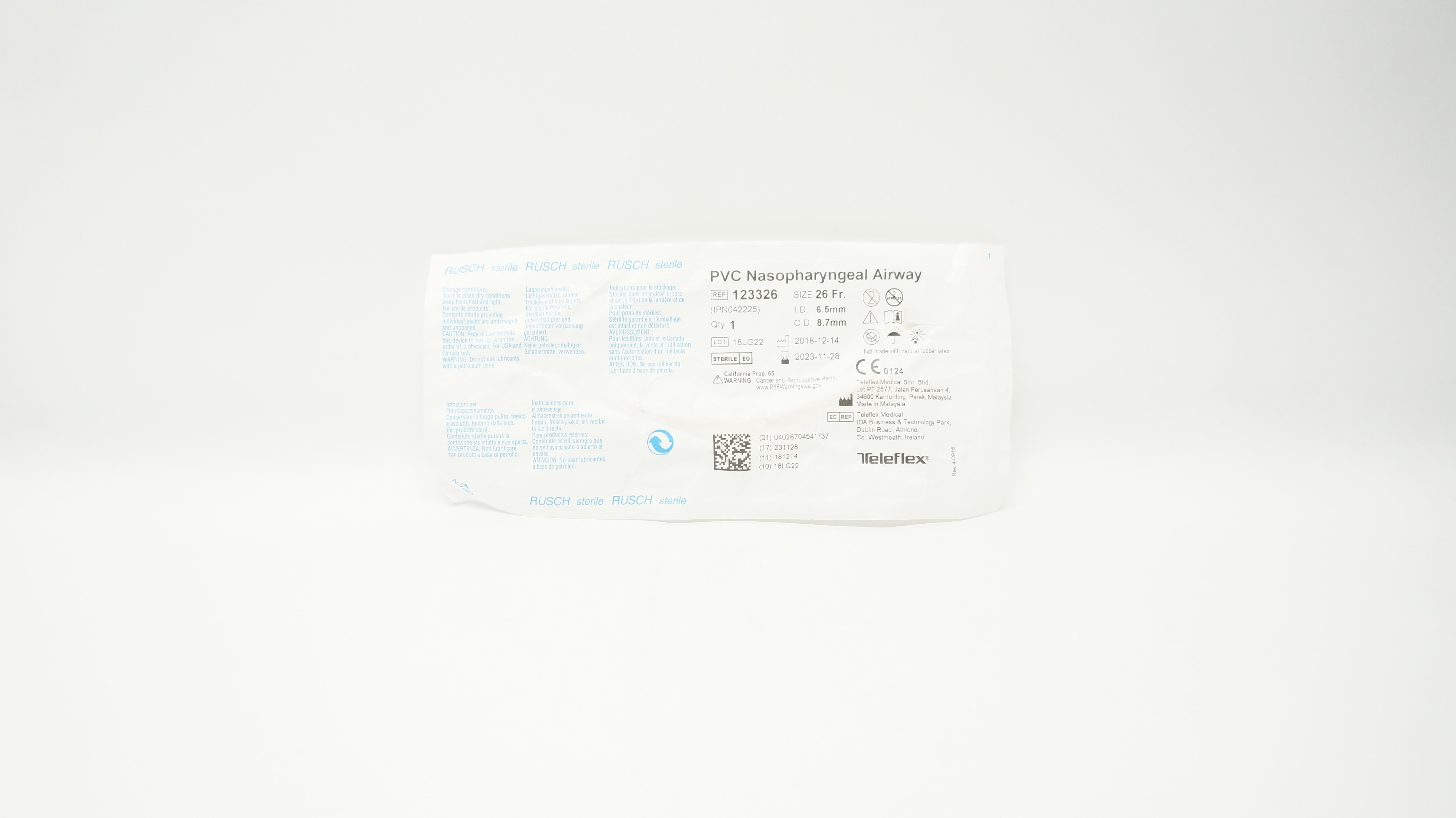 Teleflex 123326 Rusch PVC Nasopharyngeal Airway 26Fr x 6.5mm ID x 8.7mm OD