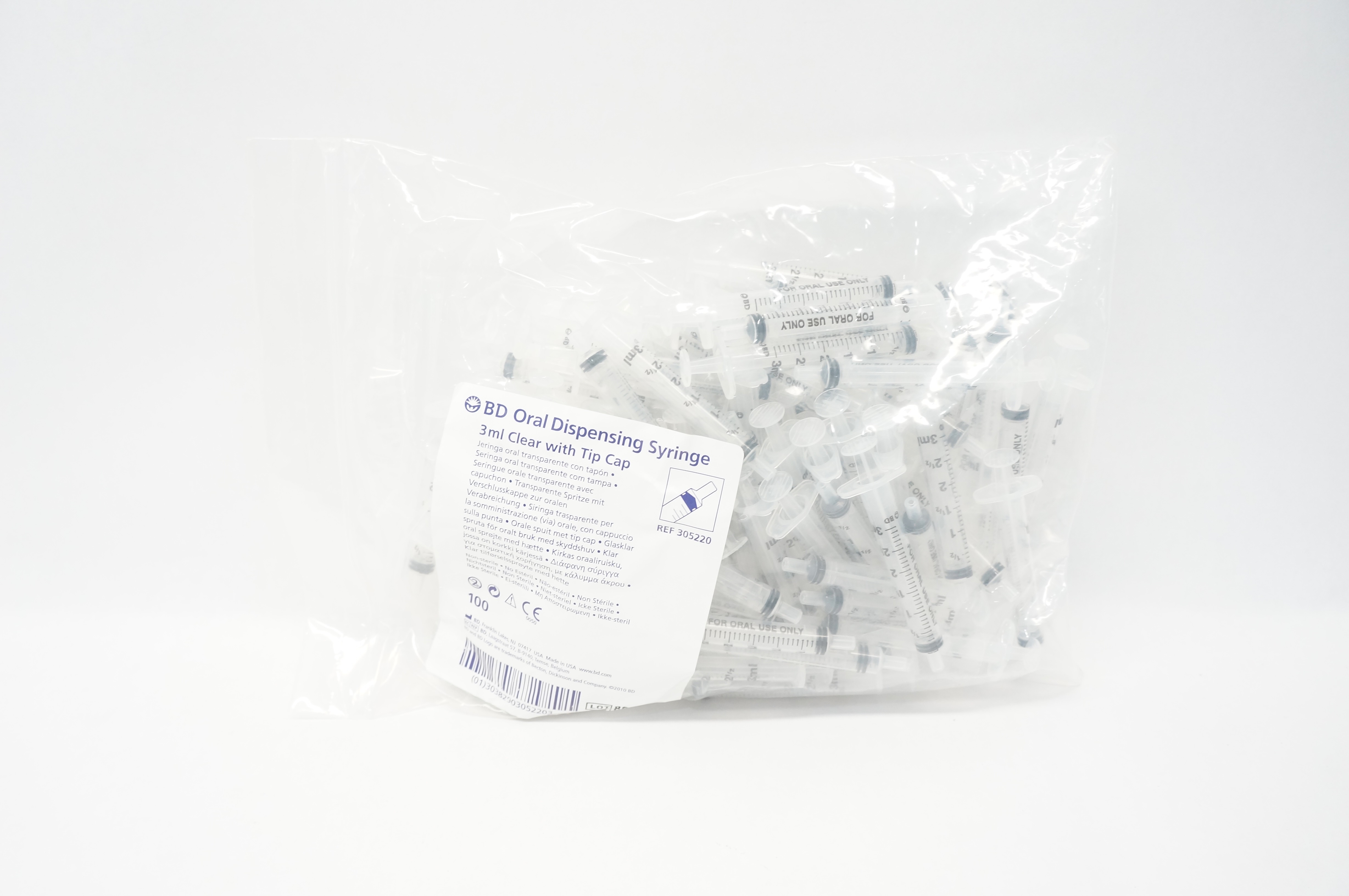 BD 305220 Oral Dispensing Syringe Clear with Tip Cap 3mL - Pack of 100