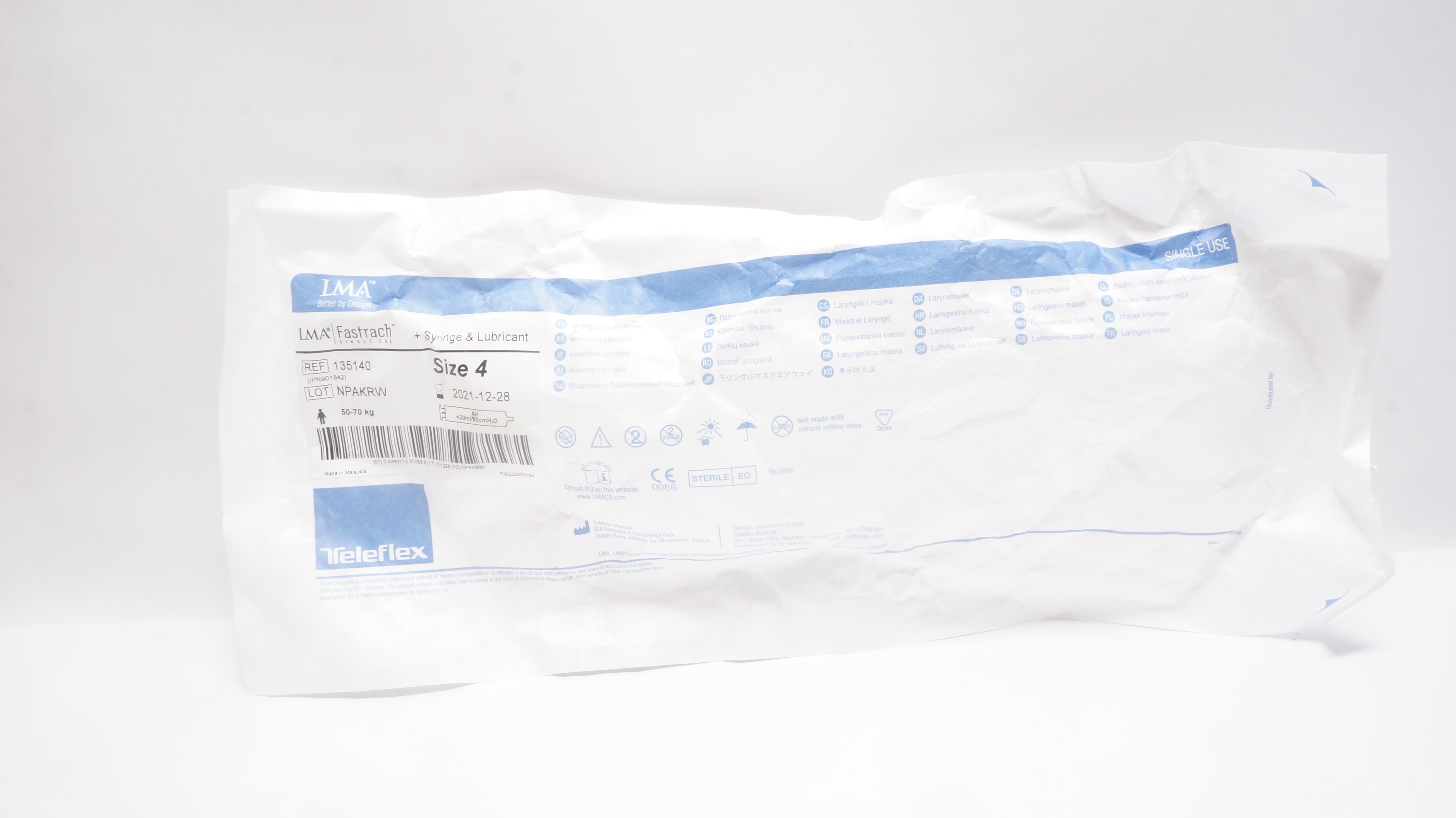 Teleflex 135140 Laryngeal Mask Airway+Syringe & Lubricant Size 4 50-70kg (x)