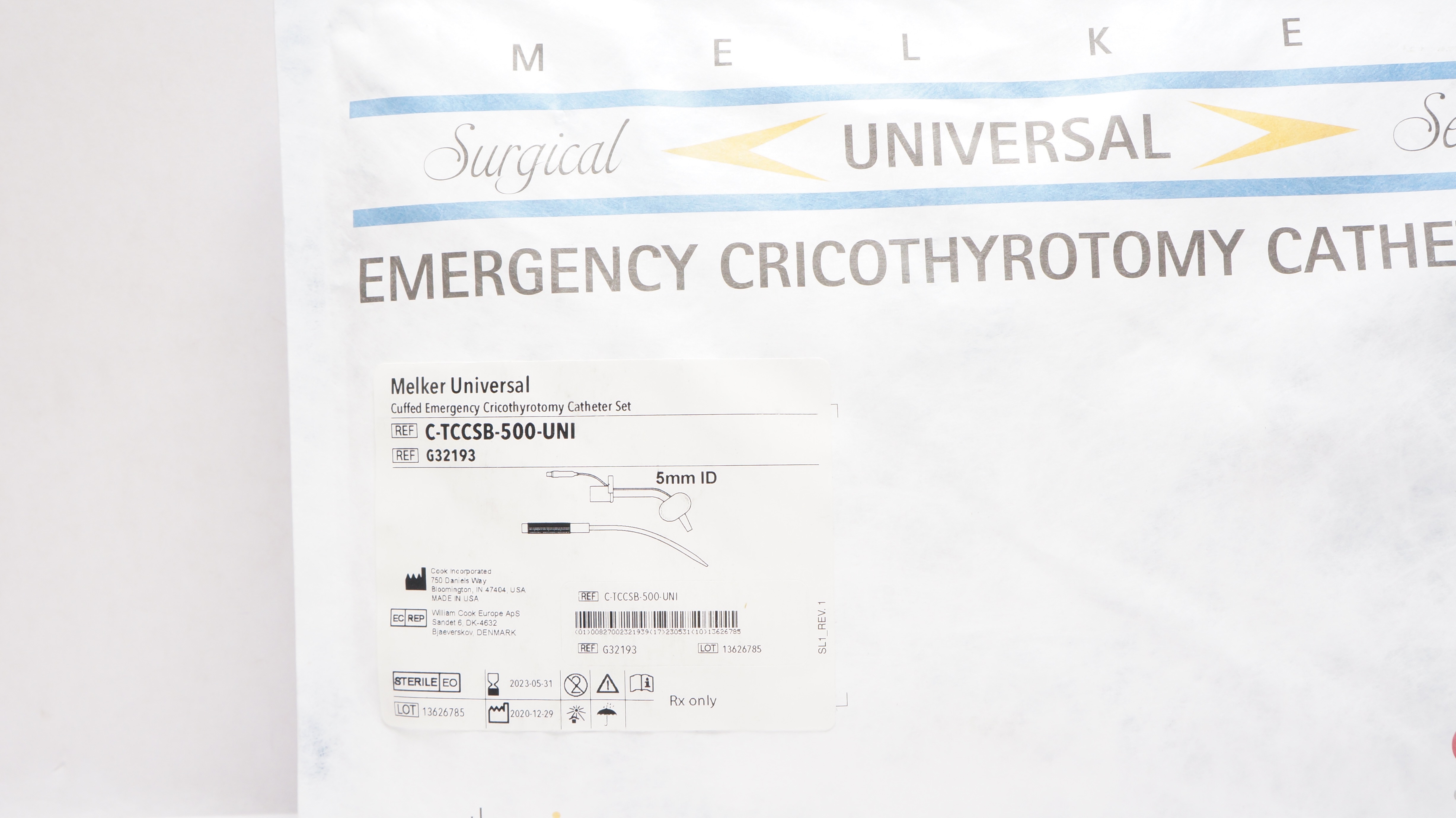 Cook Medical G32193 Melker Universal Cuffed Emergency Cath. Set 5mm ID (x)