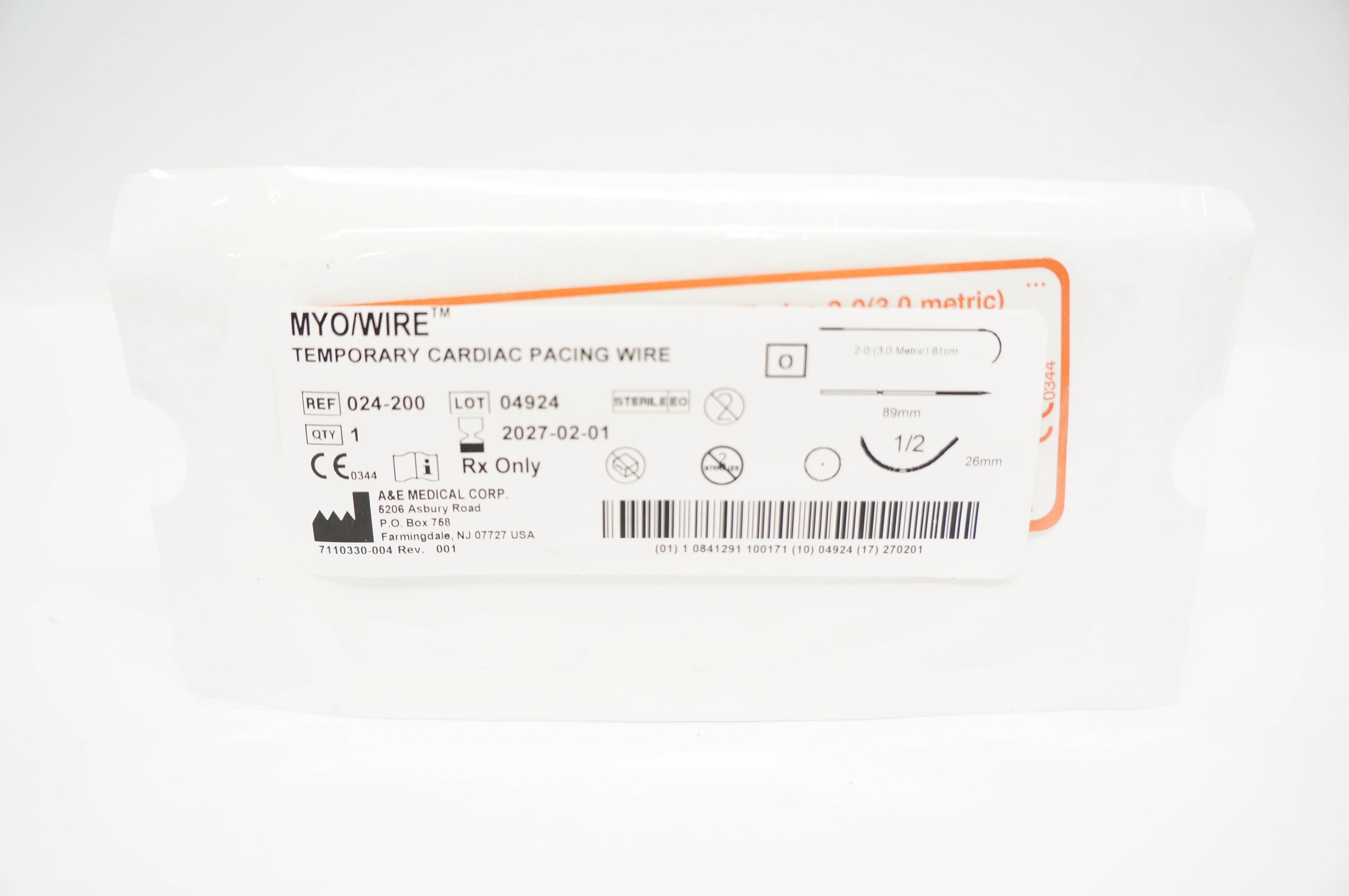 A&E 024-200 2-0 Myo/Wire Temporary Cardiac Pacing Wire 1/2c 26mm 61cm x 89mm