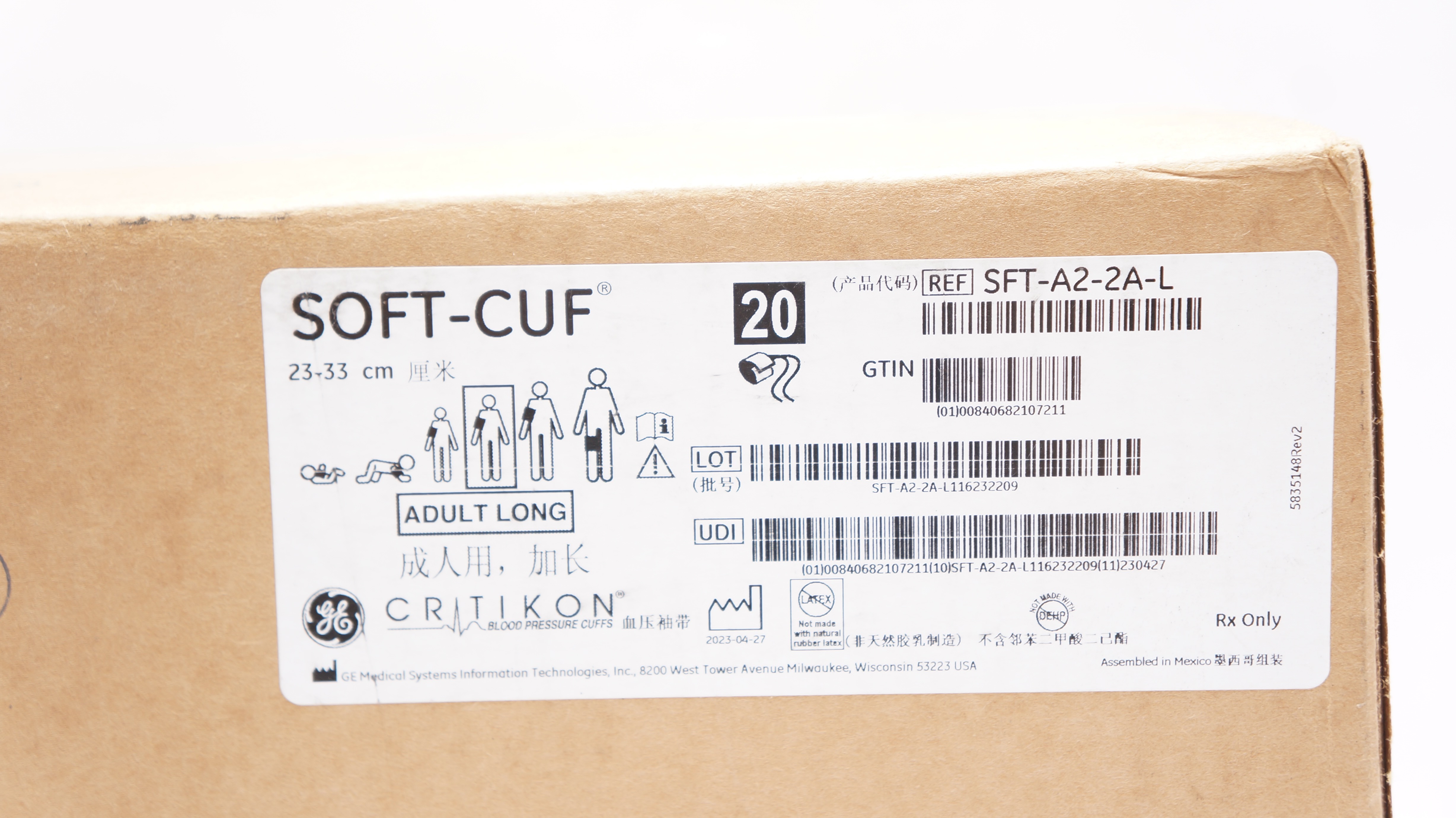 GE SFT-A2-2A-L Critikon Soft-Cuf Blood Pressure Cuffs Adult 23-33cm - Case of 20