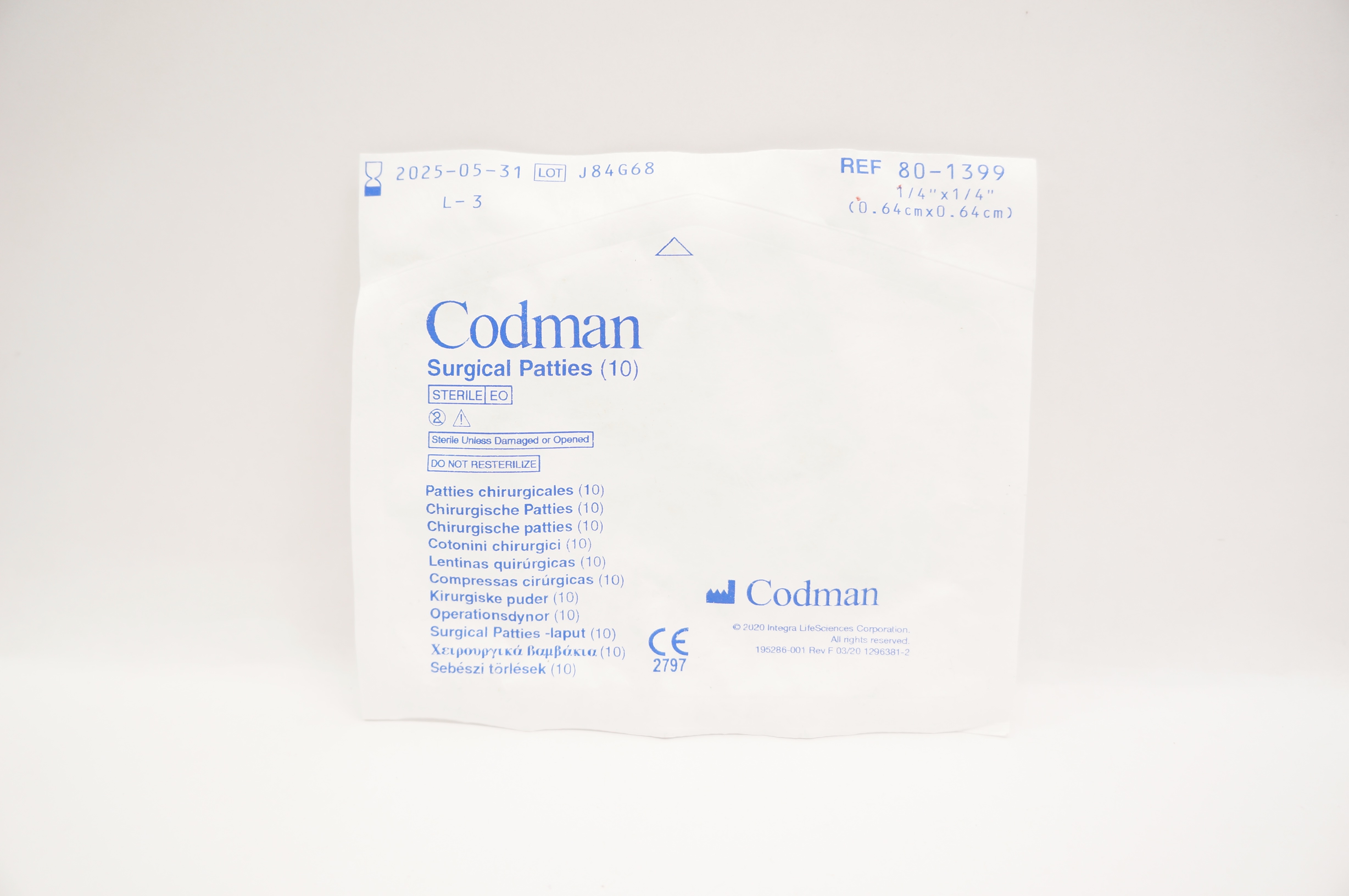 Codman 80-1399 Surgical Patties 1/4inch x 1/4inch (x) - Pack of 10