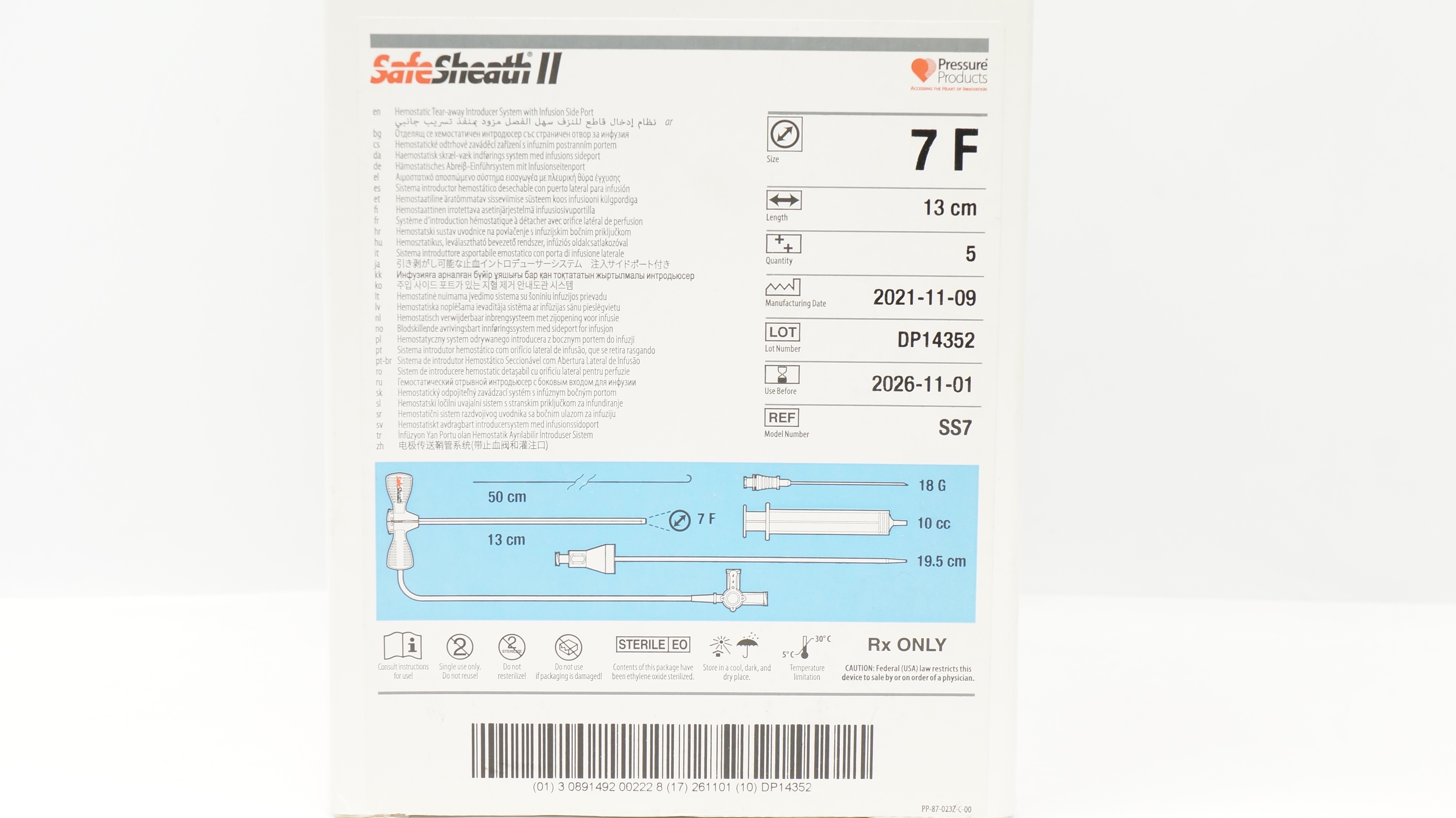 Oscor SS7 Safe Sheath II Hemostatic Tear-Away Introducer System 7F - Box of 5