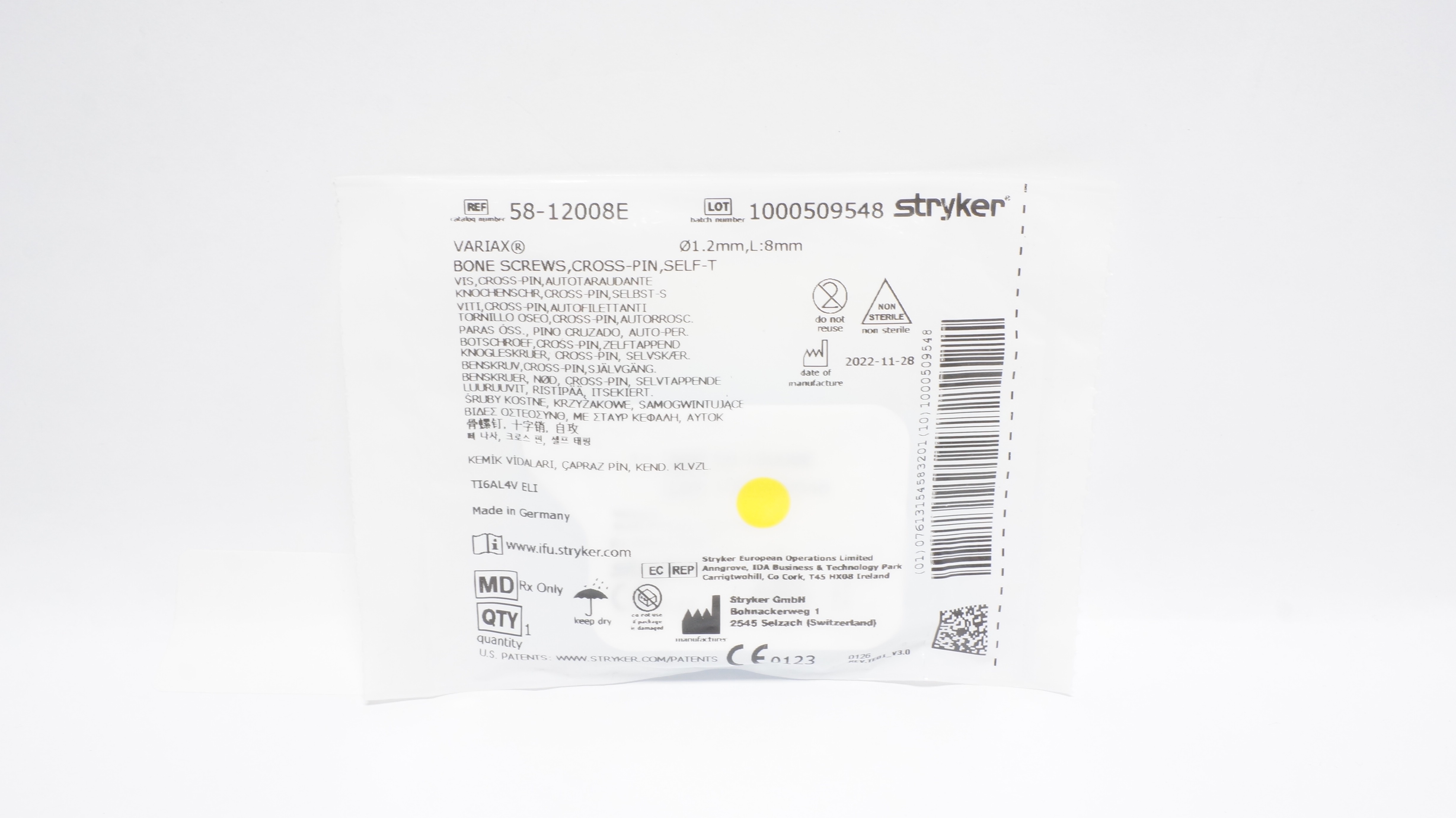 Stryker 58-12008E Variax Bone Screw, Cross-Pin, Self-T 1.2mm x 8mm