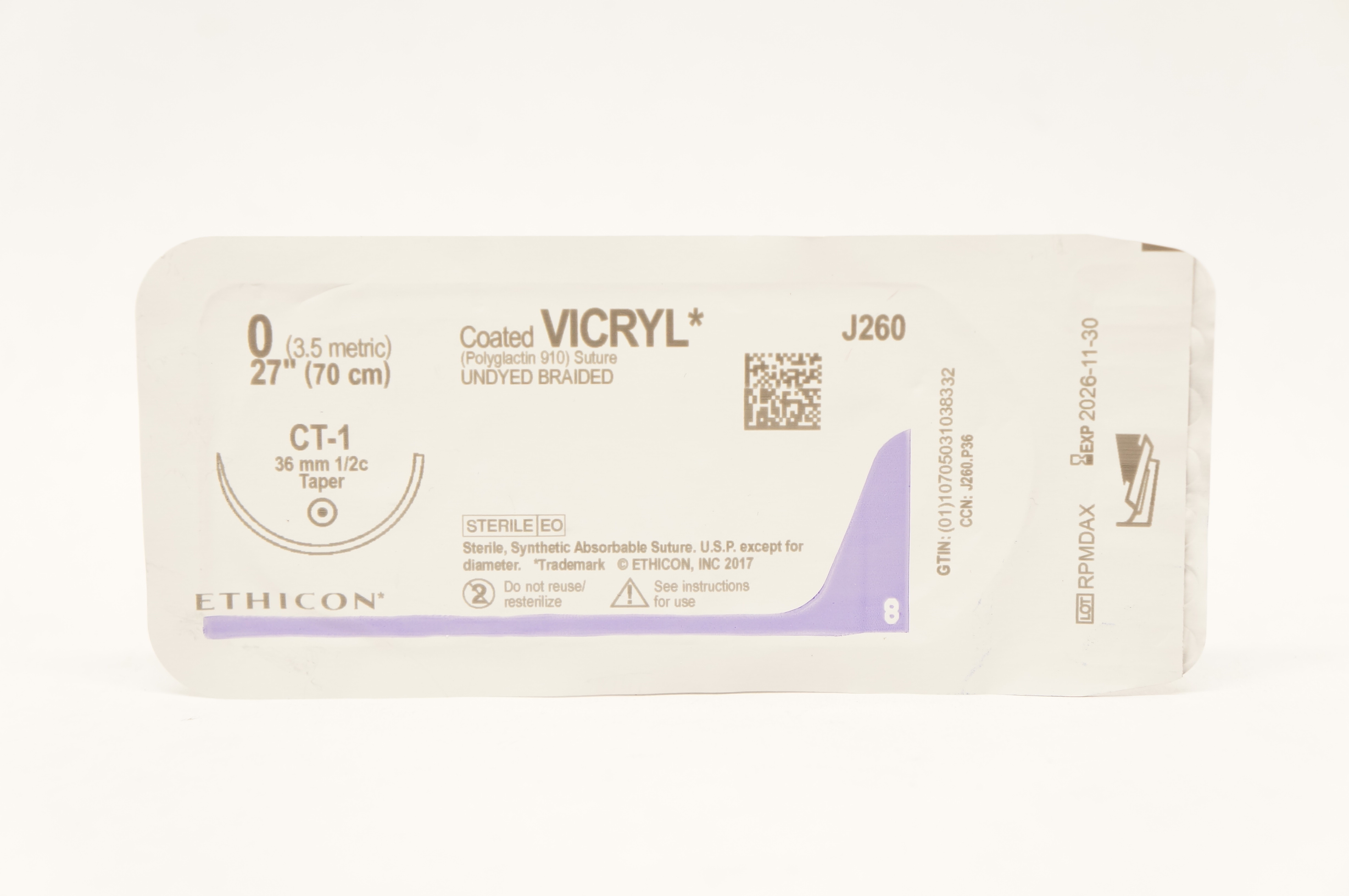 Ethicon J260 0 Coated VICRYL Undyed Braided Stre CT-1 36mm 1/2c Taper 27 inch
