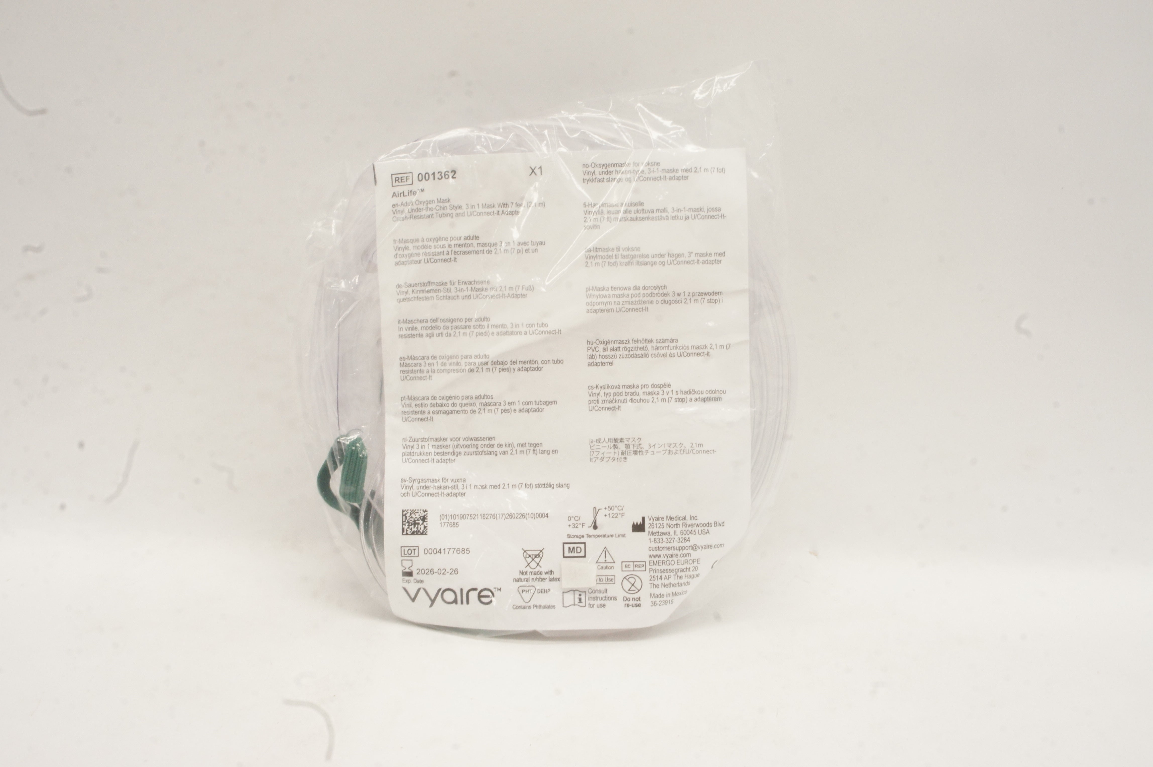 Vyaire 001362 AirLife Adult Oxygen Mask Vinyl