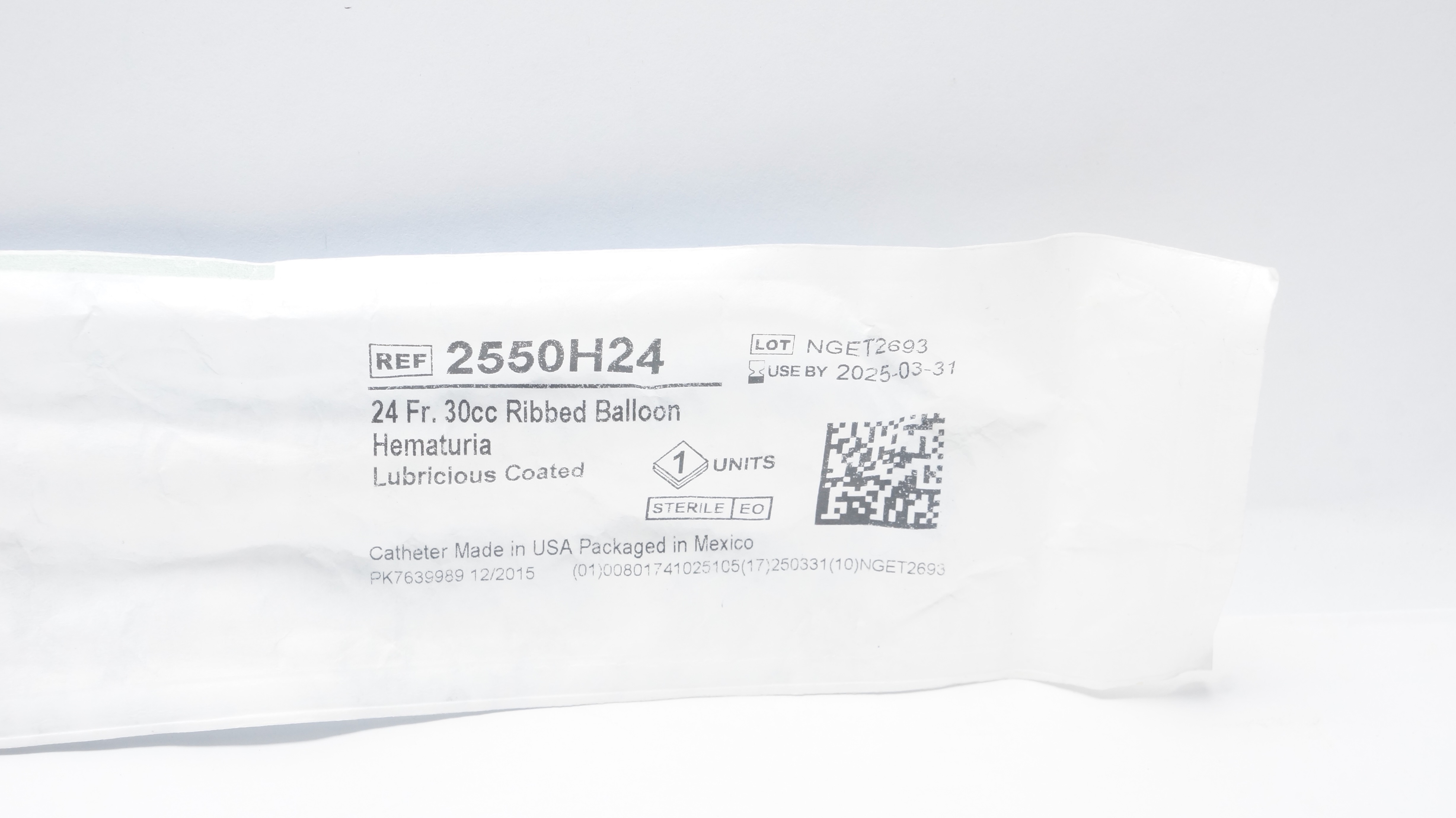 Bard 2550H24 Bardex Foley Cath. Lubricious Coated 24Fr. 30cc Ribbed Balloon (x)