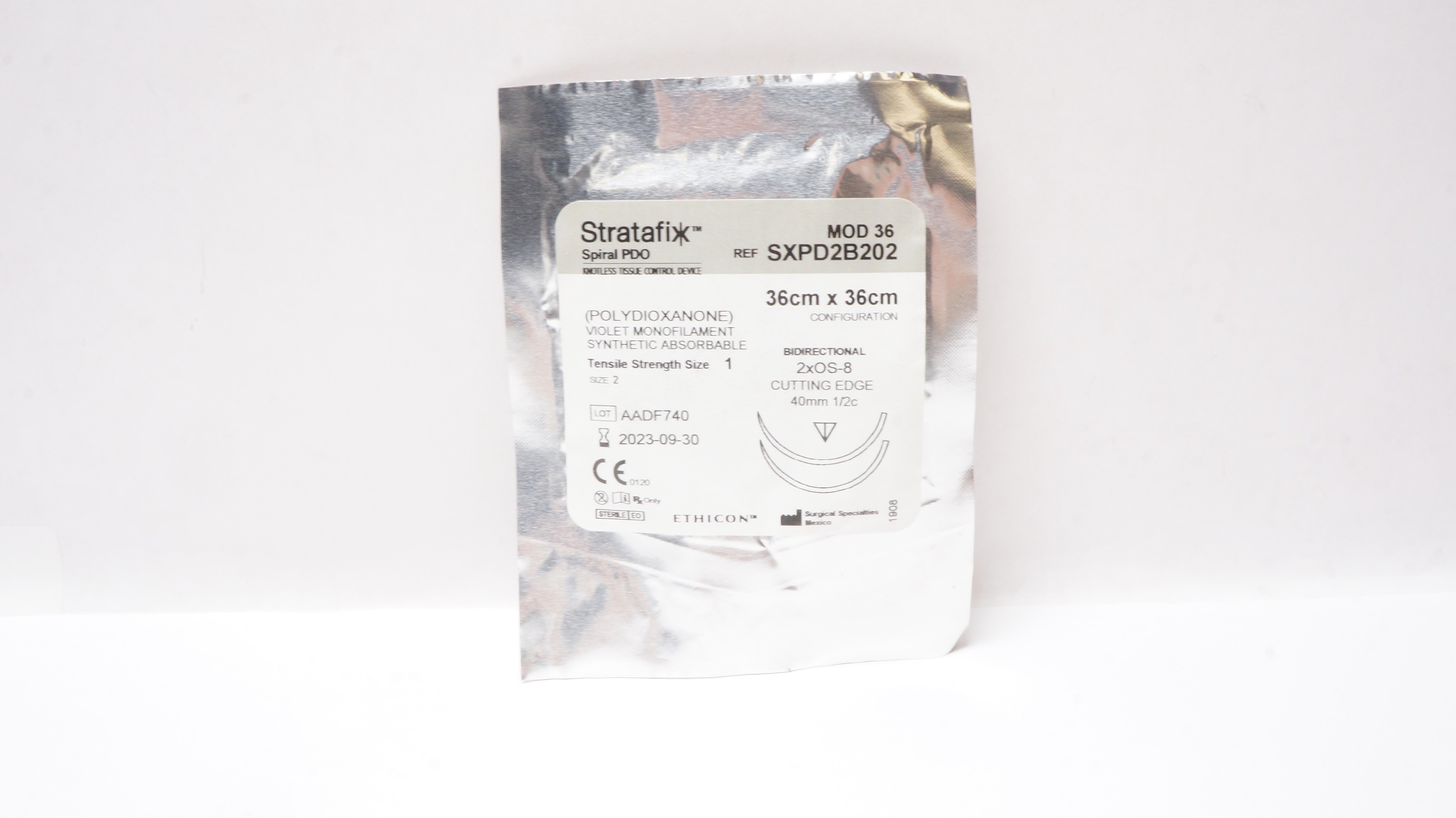 Ethicon SXPD2B202 2 Spiral PDO 2xOS-8 Cutting Edge 40mm 1/2c, 36cm x 36cm