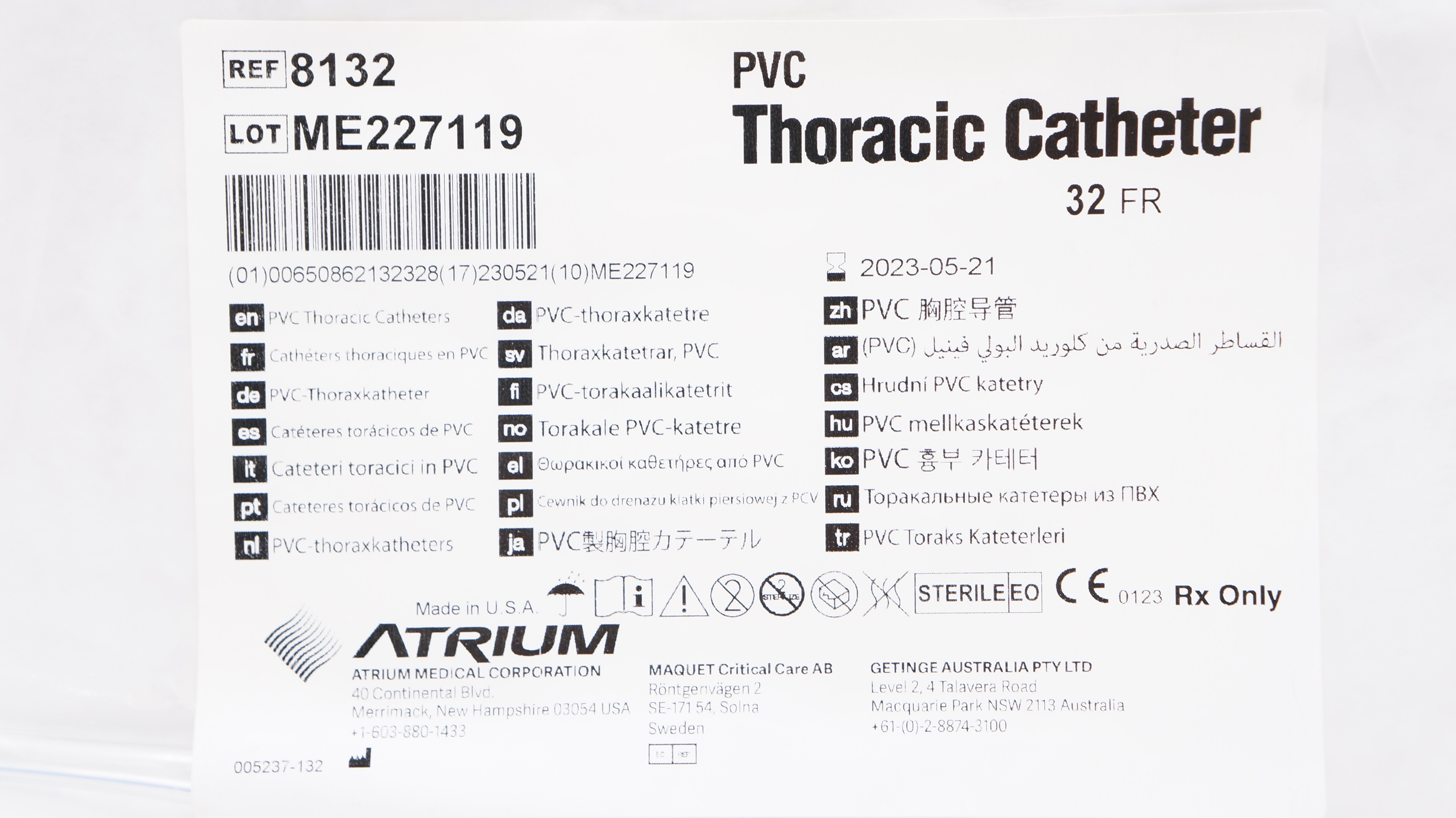 Atrium 8132 PVC Thoracic Cath. 32Fr (x)