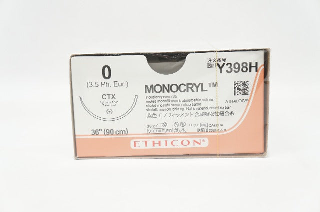 Ethicon Y398H 0 Monocryl Stre CTX 48mm 1/2c Taperpoint 36inch - Box of 36